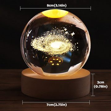 Cbei Nachtlicht LED Nachtlicht 3D-Kristallkugel mit Gravur im Inneren Galaxie 2 Stück, Kristall und massives Holz für exquisite Optik und Haltbarkeit.