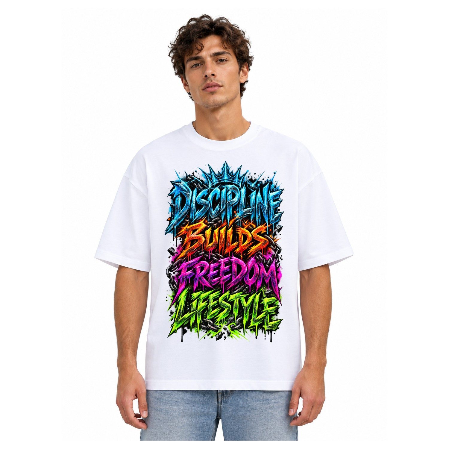 Blondie & Brownie T-Shirt Oversize T Shirt Herren Discipline Builds Freedom Graffiti Motiv (Einzelartikel) Urban Mindset Kettenkunst Edition