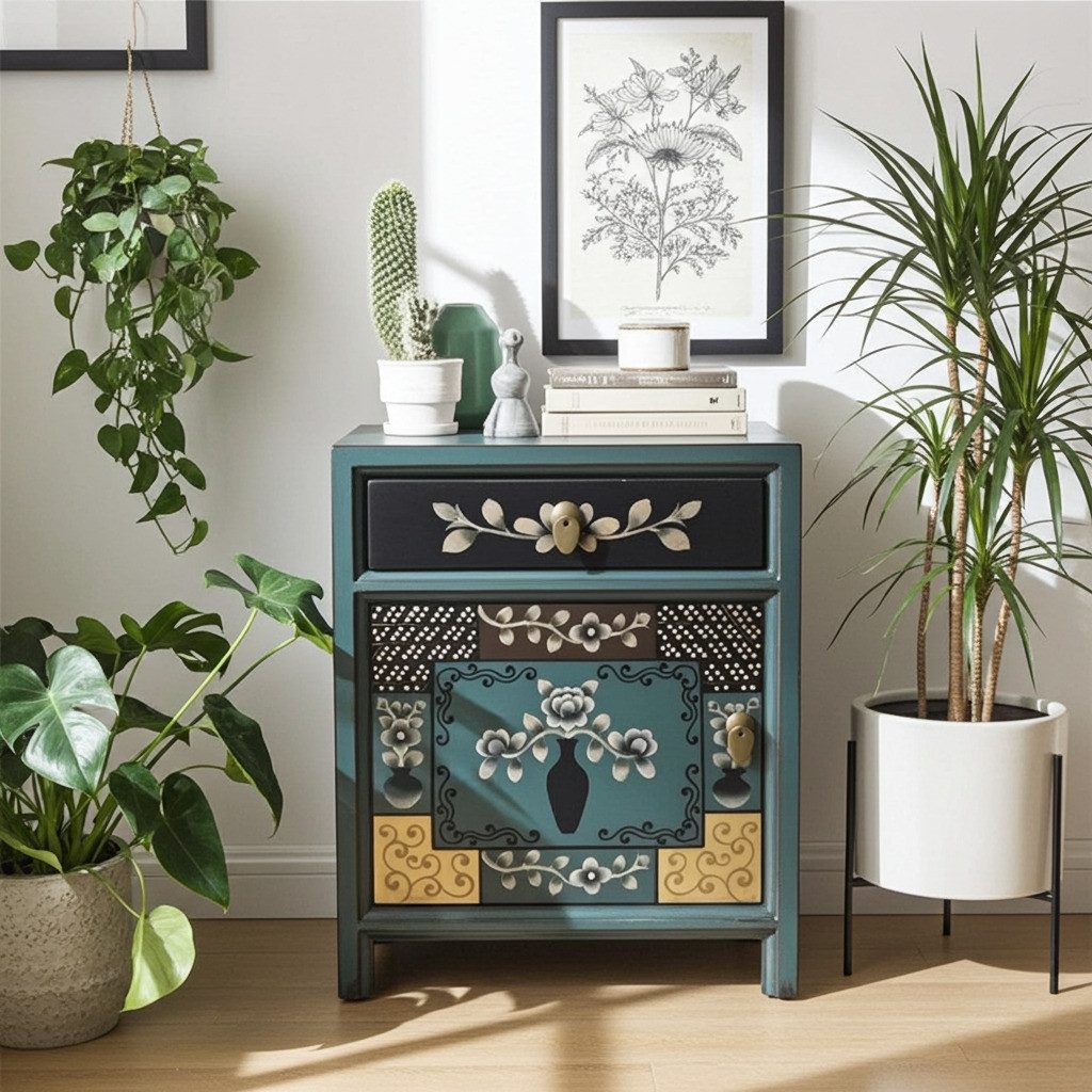 OPIUM OUTLET Nachtkommode Orientalisches Nachtkästchen asiatischer Nachtschrank (asia asiatsich chinesisch orientalisch Nachttisch Nachtkonsole, Schlafzimmer Möbel komplett montiert), Vintage Shabby-Chic Landhaus Antik-Stil