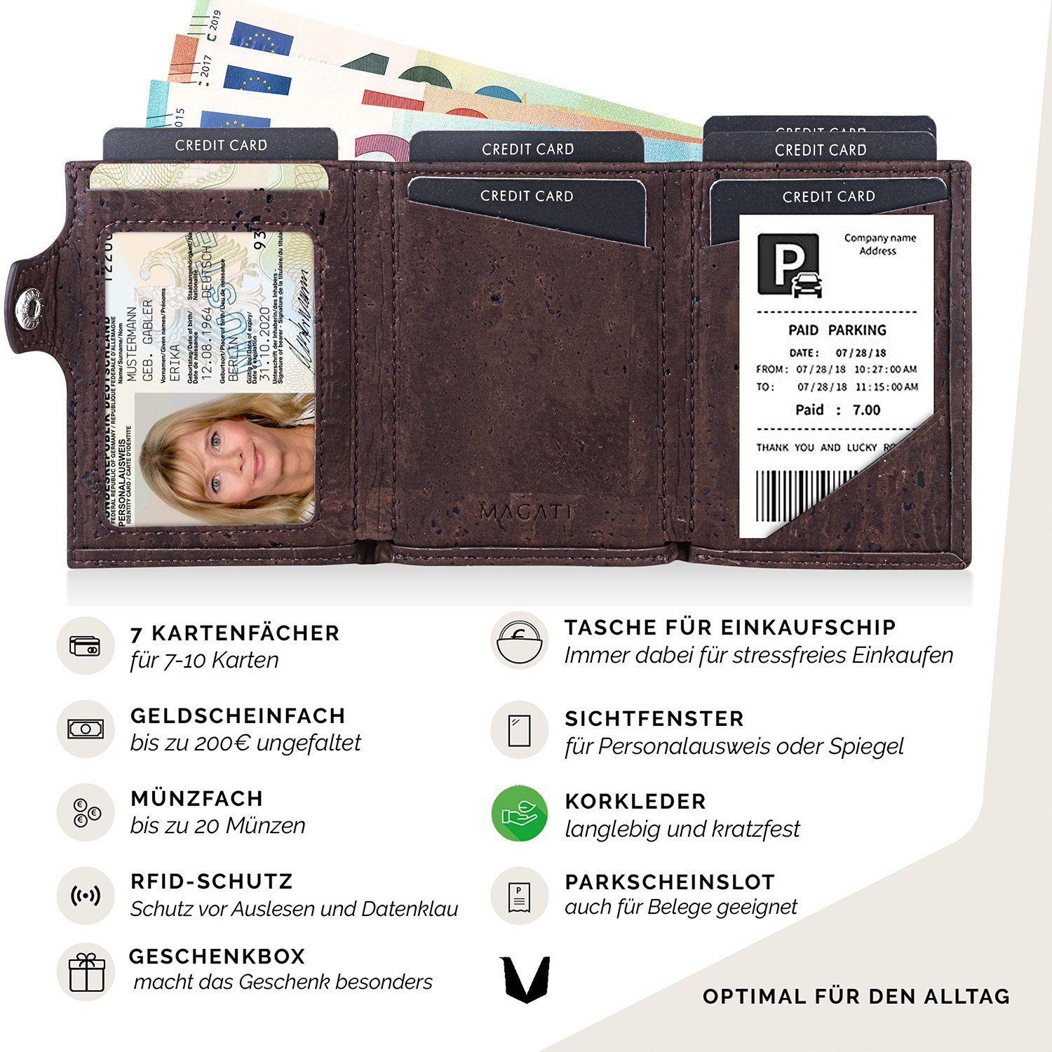 Karten, (mit MAGATI Geldbörse Geschenkverpackung), Wallet, RFID-Schutz zu Portemonnaie Münzfach, bis Echtleder Nussbraun Einkaufswagenchip-Fach, für 10 & Damen klein Herren aus mit