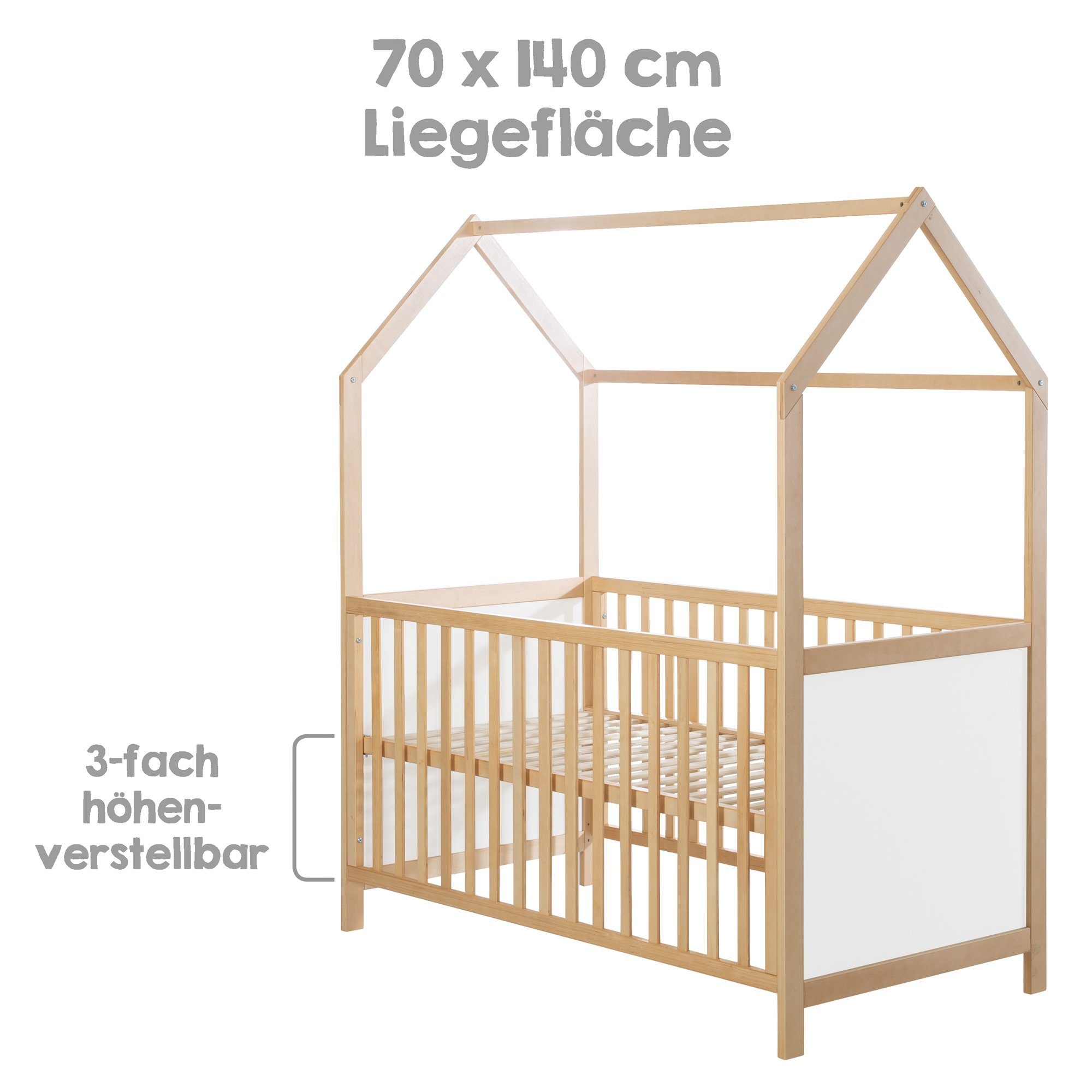 roba® Babybett Hausbett 70 x 140 cm, Babybett in Hausoptik, höhenverstellbar, Umbaubar zum Juniorbett
