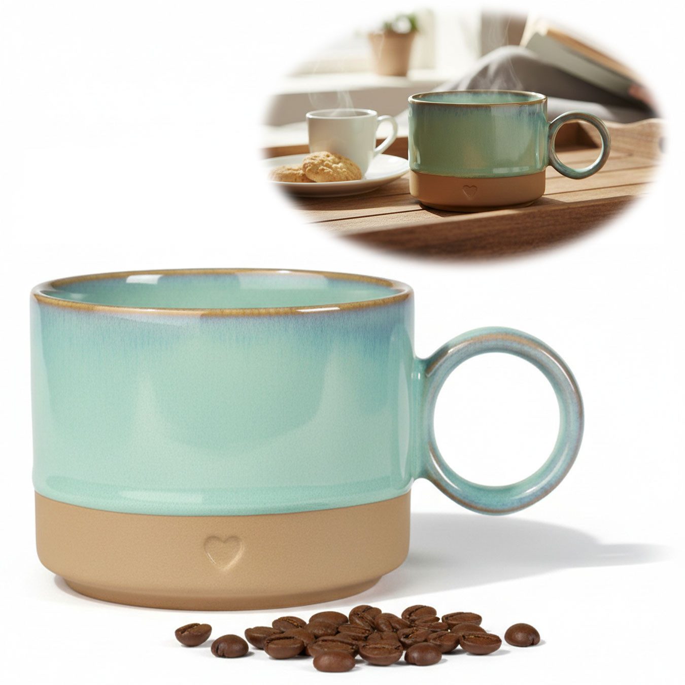LS-LebenStil Becher Exklusiver Kaffeebecher 290ml Aqua Herz Henkelbecher mit Henkel Griff, 1-tlg., Steingut - ähnlich Porzellan, Steingut handgetöpfert Kaffeetasse Kaffee Milchkaffee Cappuccino