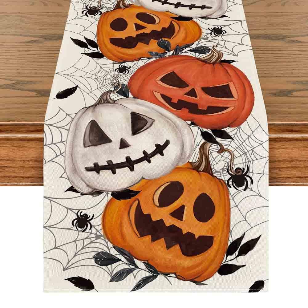 Sorvyzxn Tischläufer Halloween Tischläufer 33 × 183 cm, Spinnennetz & Kürbis Motiv, Für Esstisch, Küche, Herbst & Halloween Deko