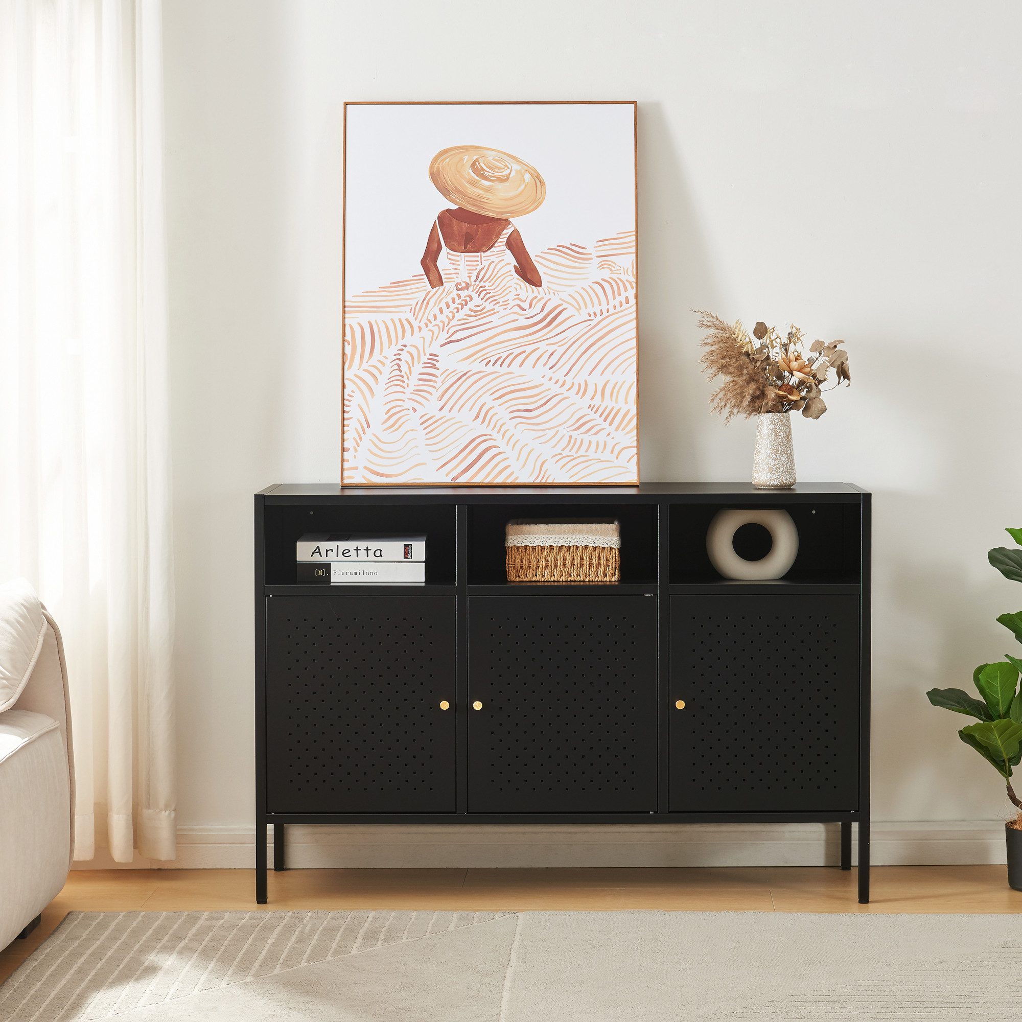 en.casa Sideboard, »Janakkala« mit 3 Türen Stahl 119 x 35 x 80 cm Schwarz