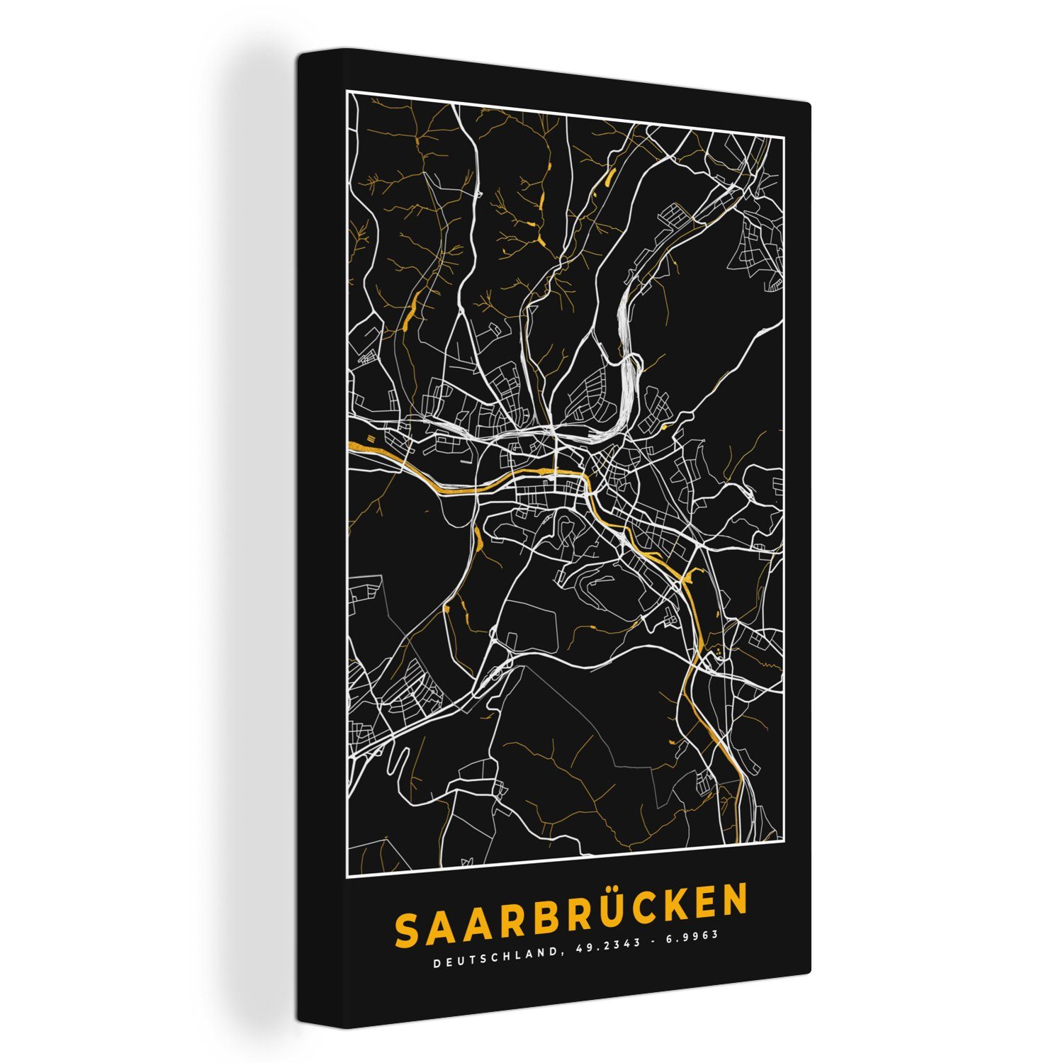 OneMillionCanvasses® Leinwandbild Saarbrücken - Stadtplan - Gold - Karte - Deutschland, (1 St), Leinwandbild fertig bespannt inkl. Zackenaufhänger, Gemälde, 20x30 cm