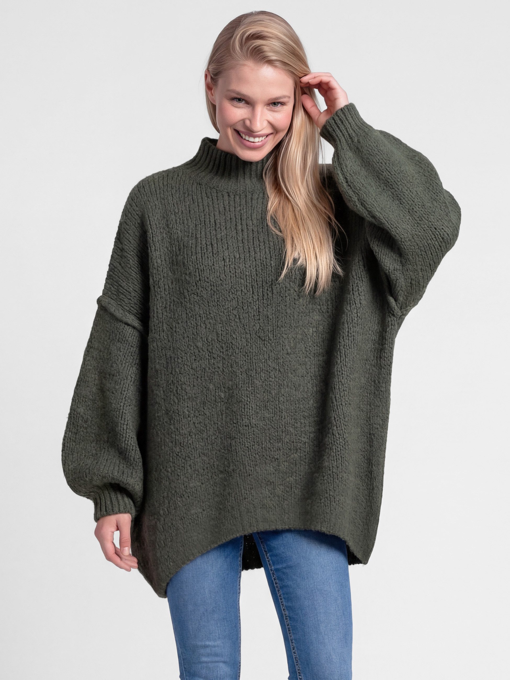PEKIVESSA Strickpullover Ultra-Oversized Grobstrick-Pullover mit Ziernähten an den Ballonärmeln