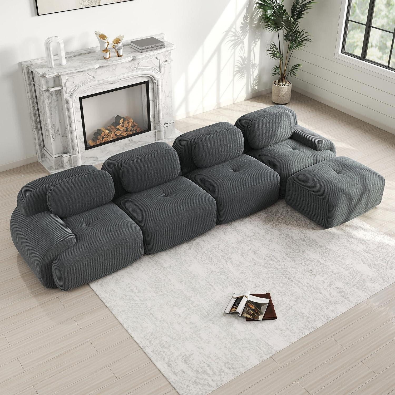 LuxusKollektion 4-Sitzer Sofa Modular Cordstoff 4 Sitzer Ottomane Grau 4 Sitze & 1 Ottomane