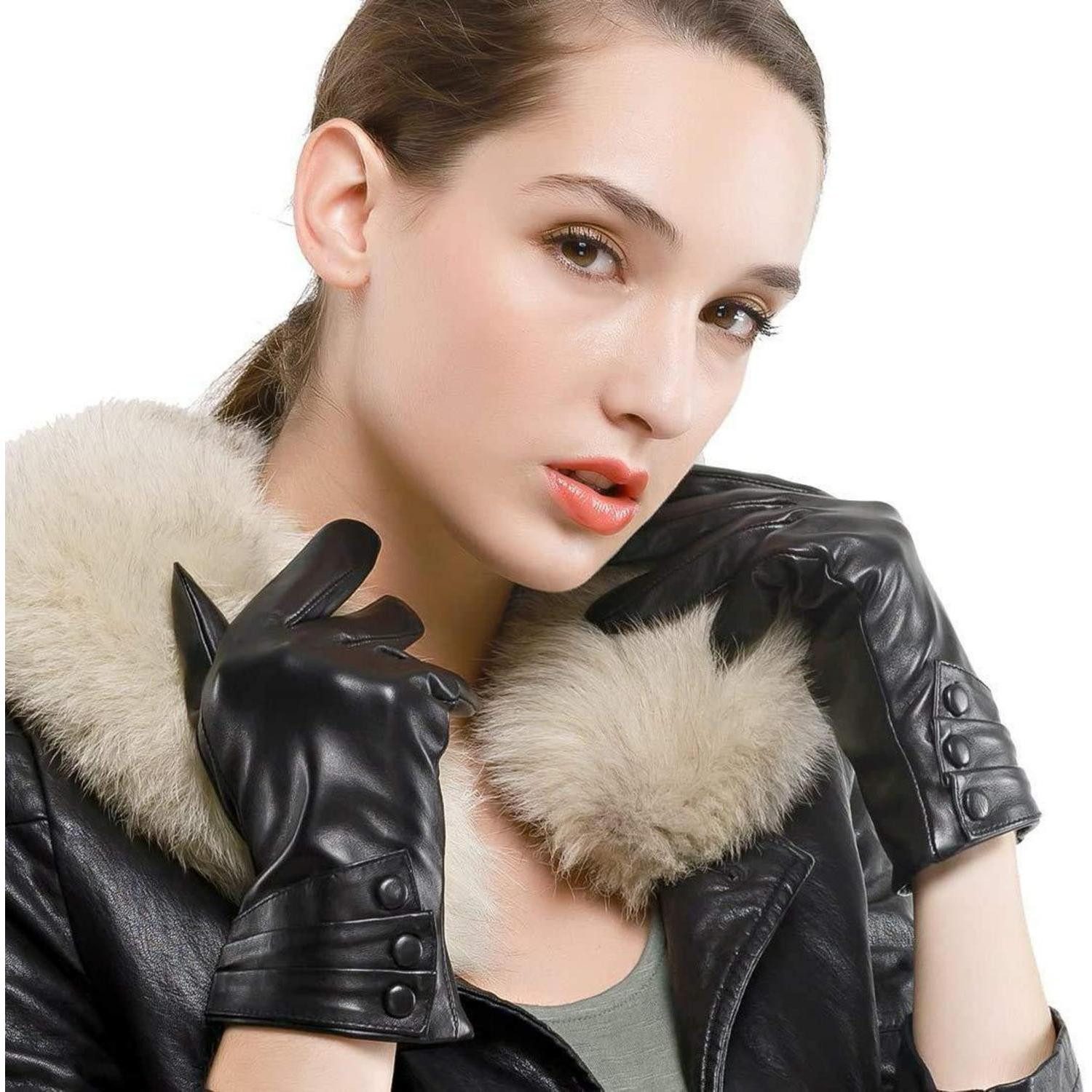 LuxusKollektion Lederhandschuhe Handschuhe Damen Lammfell Schwarz M (1-St)