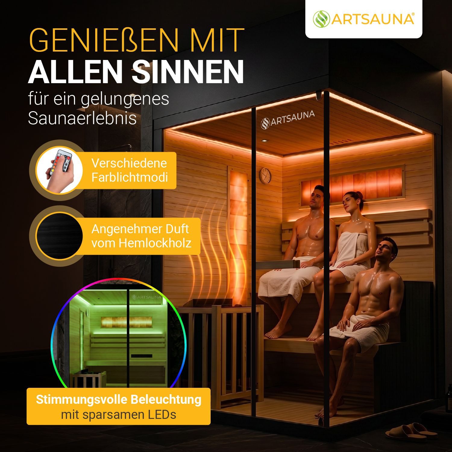 Artsauna Sauna Vantaa 150, BxTxH: 150 x 140 x 200 cm, 5 mm, 2 große Salzsteine, Ambientebeleuchtung, inkl. Ofen und Saunasteine