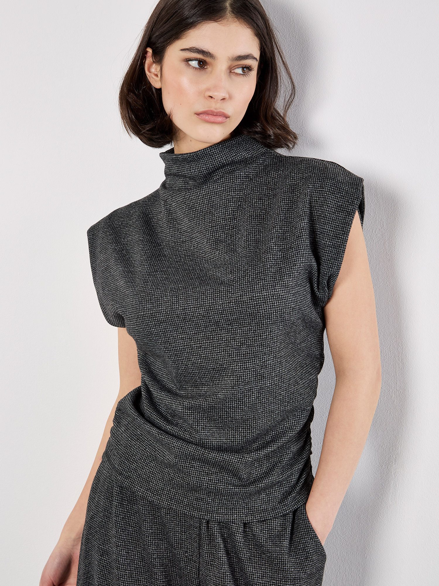 Apricot Rollkragenshirt Stehkragentop mit Hahnentritt-Muster günstig online kaufen
