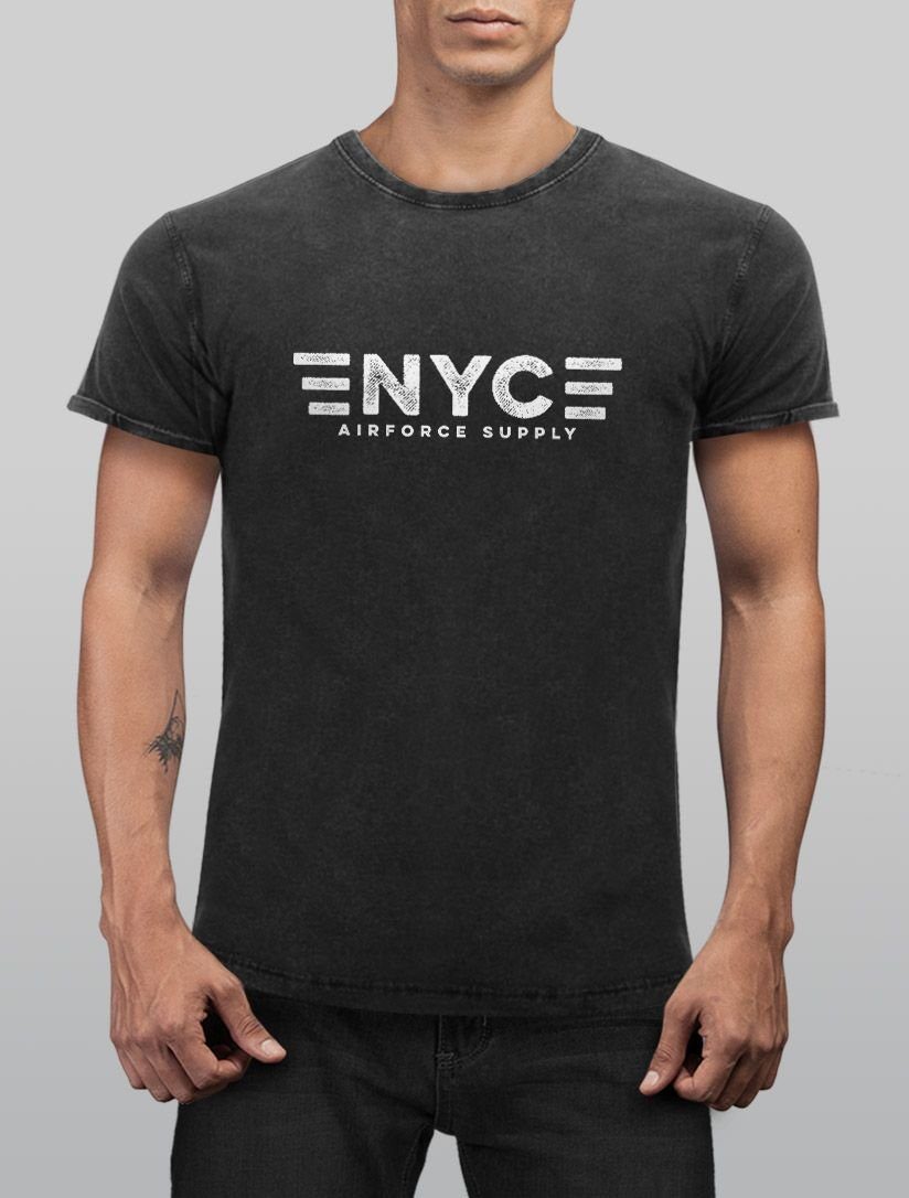 Neverless Print-Shirt Herren Shirt Print Airforce Neverless® Supply Look New Used City Print schwarz Slim Vintage T-Shirt Aufdruck York mit Fit Printshirt NYC