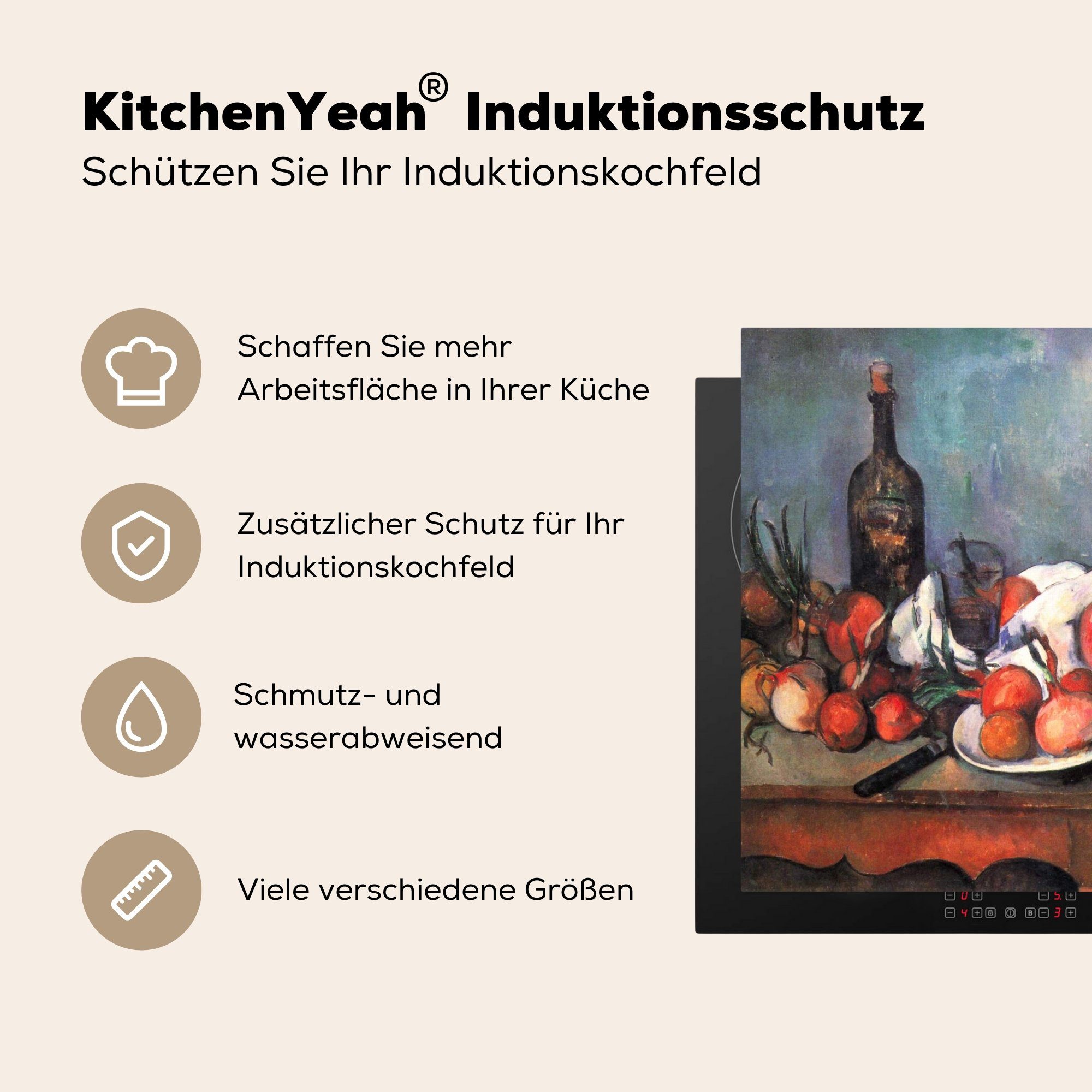 MuchoWow Herdblende-/Abdeckplatte Stilleben mit Vinyl, Arbeitsfläche cm, Mobile 60x52 tlg), Gemälde, (1 Zwiebeln Paul - Ceranfeldabdeckung nutzbar, Cézanne
