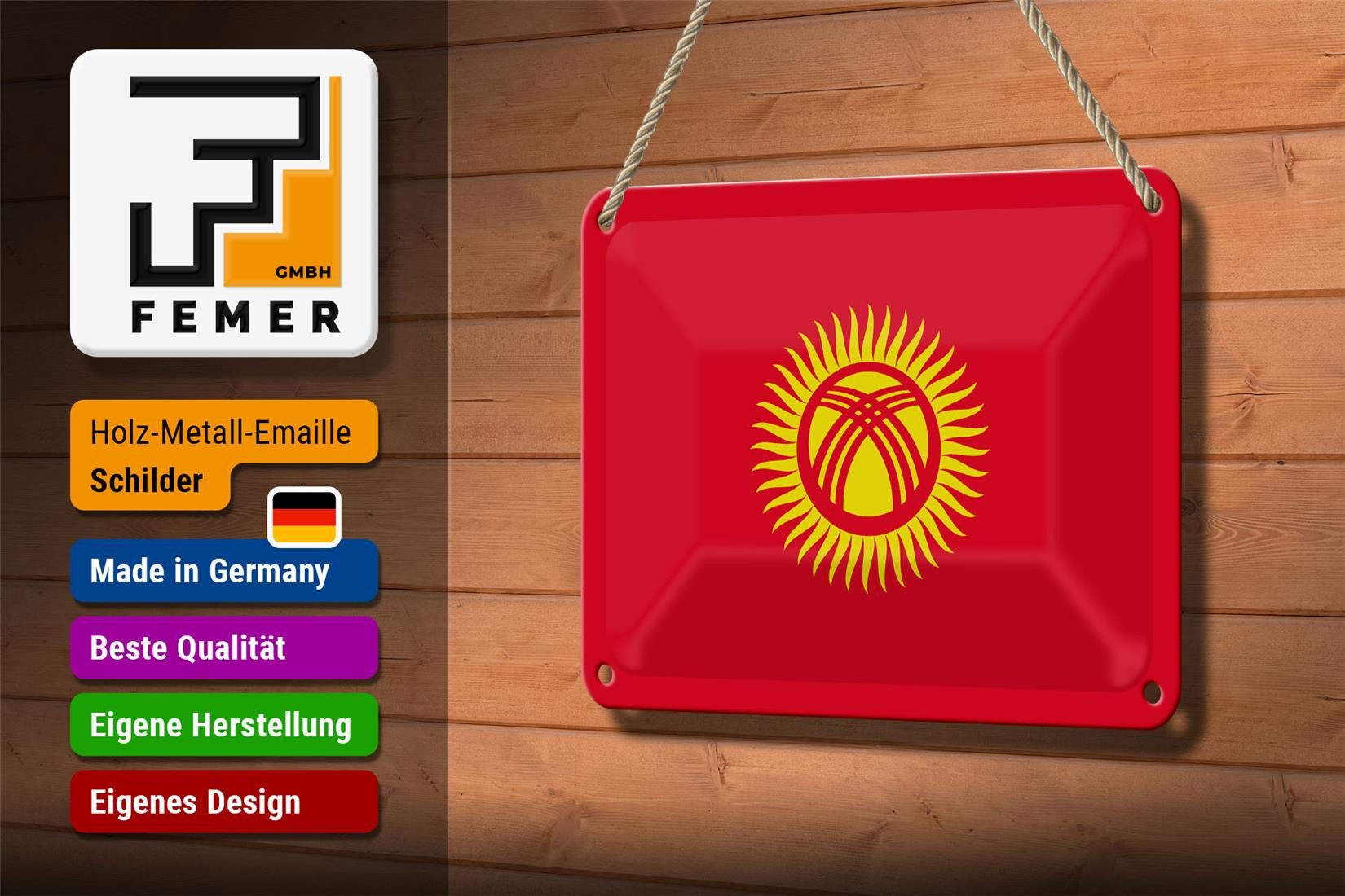 Femer GmbH Metallschild Flagge Kirgisistans 18x12cm Flag of Kyrgyzstan, (1 St), gewölbte Oberfläche, abgerundete Ecken, umgeschlagene Kanten