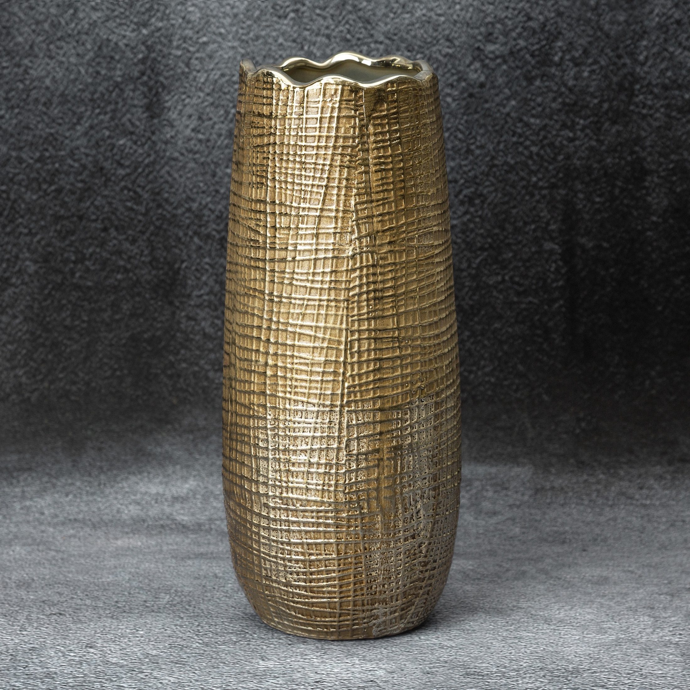 Eurofirany Dekovase Keramikvase mit geprägtem Muster in Braun und Gold (1 Vase), Größe der Dekovase:12 x 28cm,14x33cm,Farbe: Braun/Gold, Weß/Gold