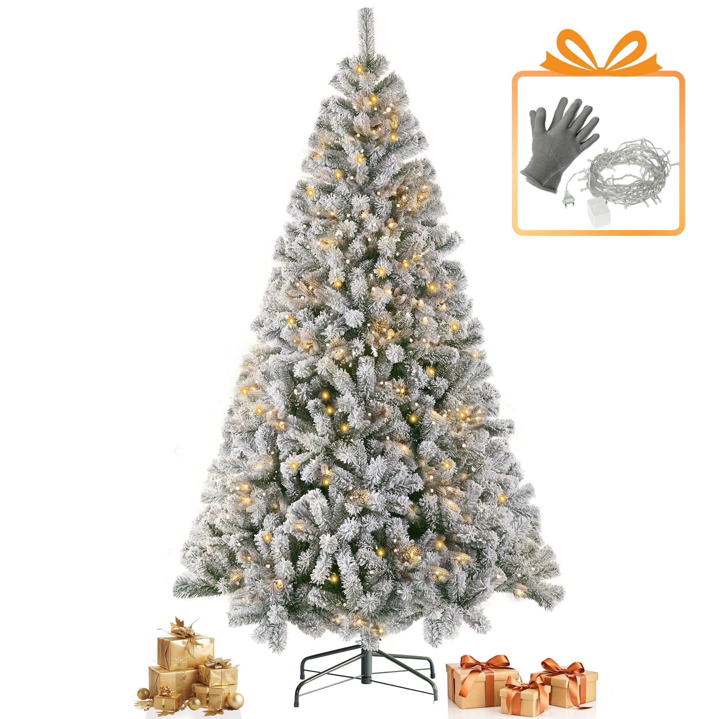 Vankel Künstlicher Weihnachtsbaum beschneiter Tannenbaum mit Beleuchtung und Metallständer, grün, Beschneiter Tannenbaum mit Beleuchtung für Ihre Weihnachtsdekoration
