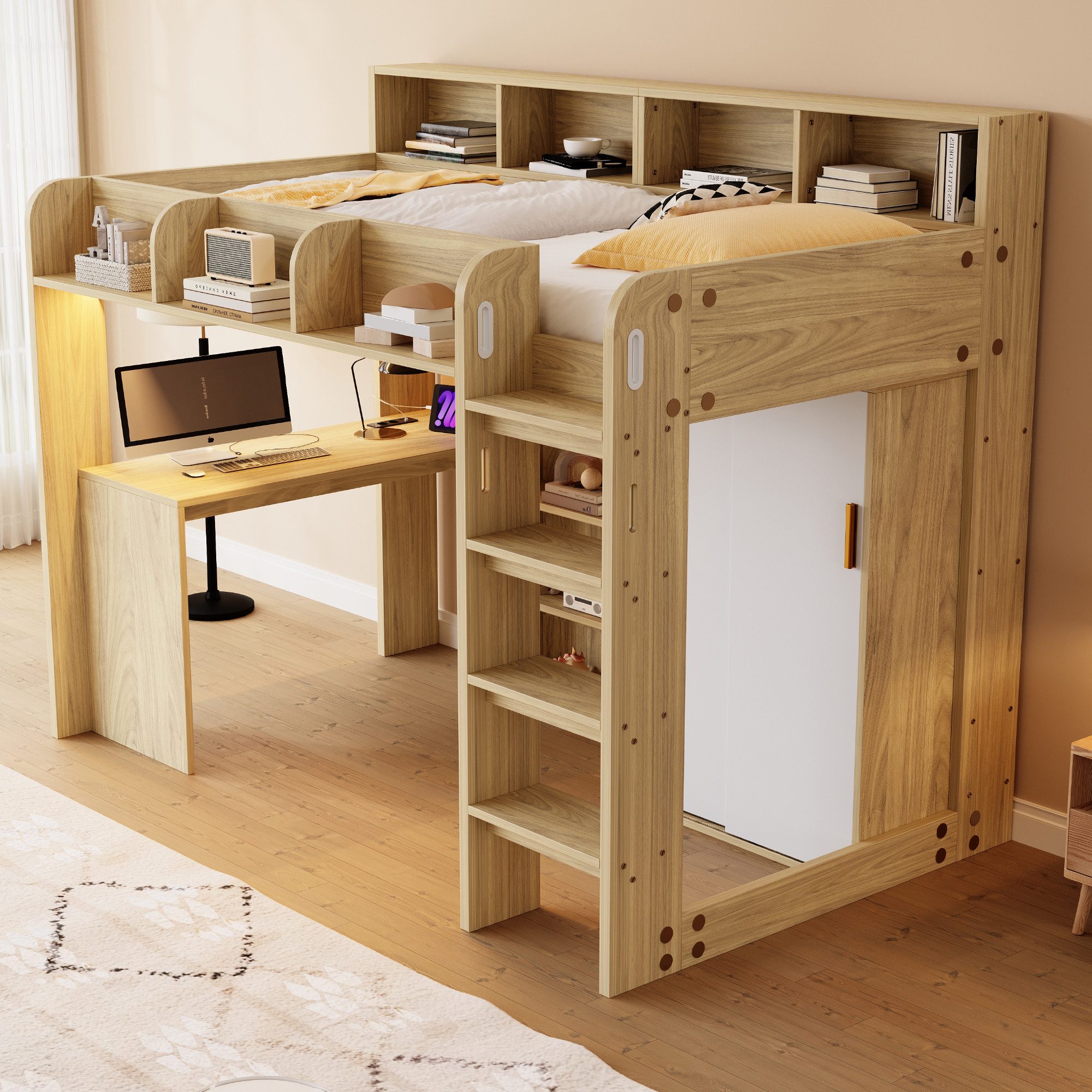 Merax Hochbett mit LED-Licht und Steckdose, in Holzoptik (Etagenbett Jugendbett Einzelbett, 1-St) Kinderbett 90×200cm mit Schreibtisch, Kleiderschrank & Ablagef – Bild 3 von 5
