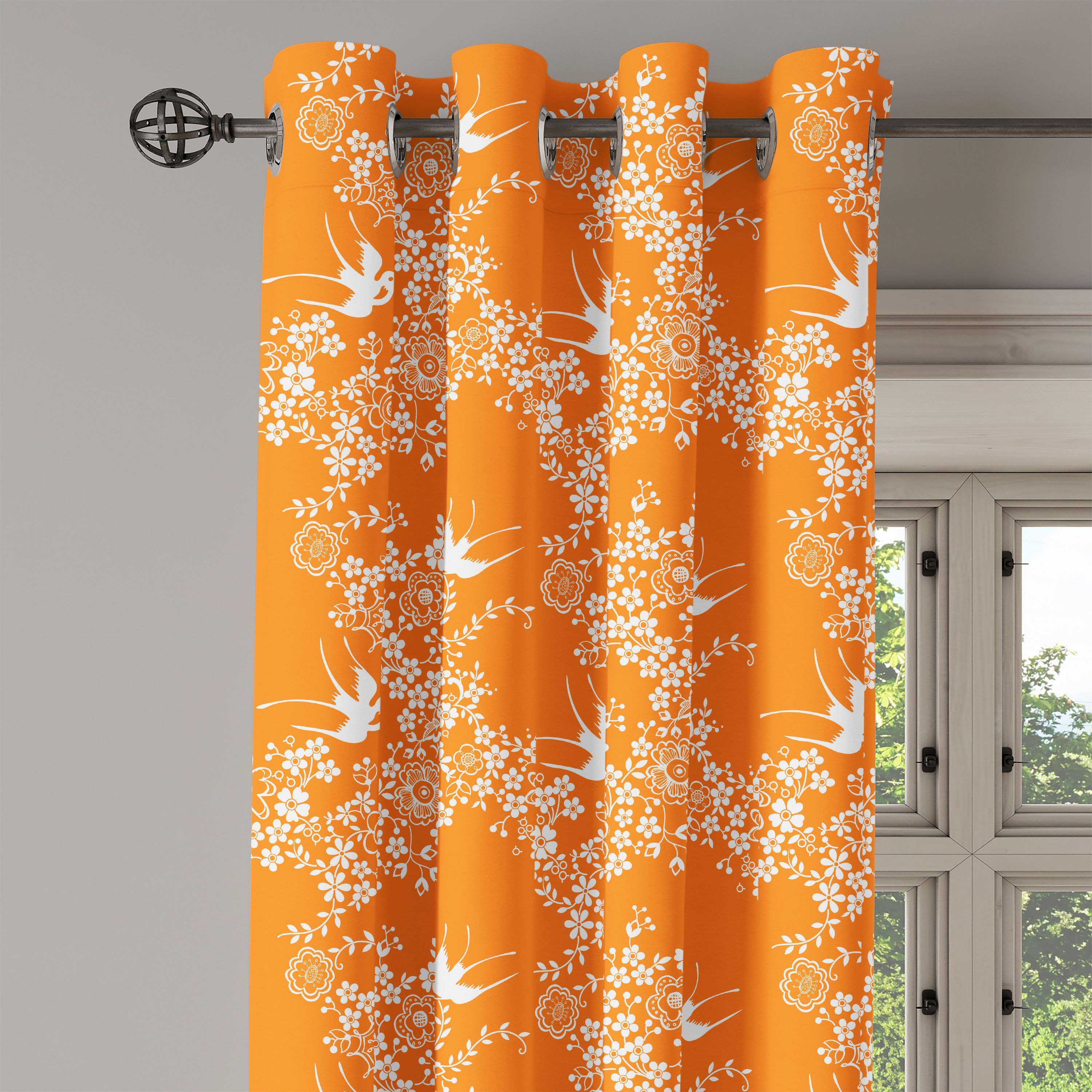 Dekorative 2-Panel-Fenstervorhänge Baum-Vogel-Kunst Gardine Orange Japanische Schlafzimmer Abakuhaus, Wohnzimmer, für