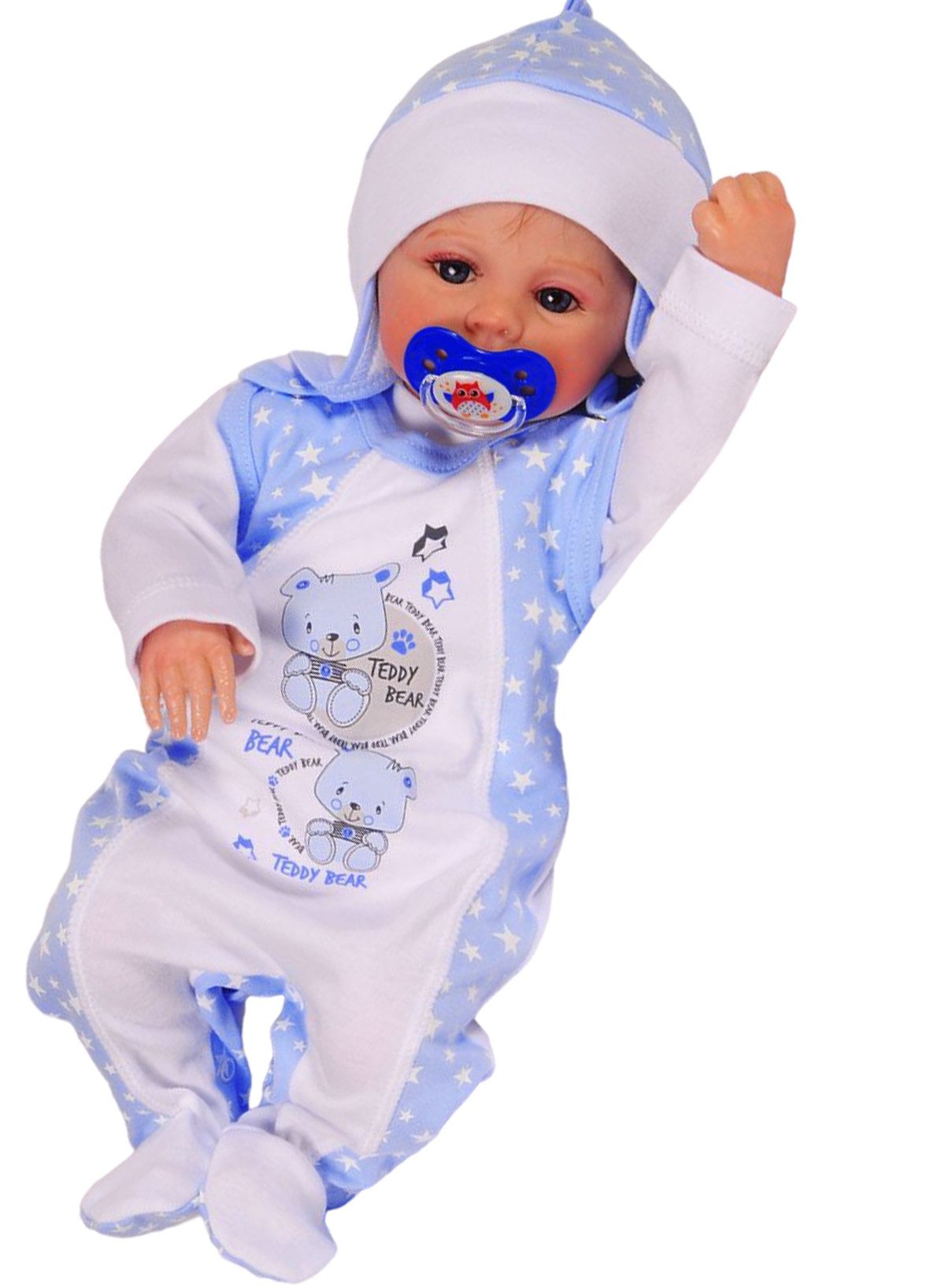 La Bortini Strampler Baby Stramplerhose Langarmshirt Mütze weiß blau mit Sterne und Bär aus reiner Baumwolle, 44 50 56 62 68 74