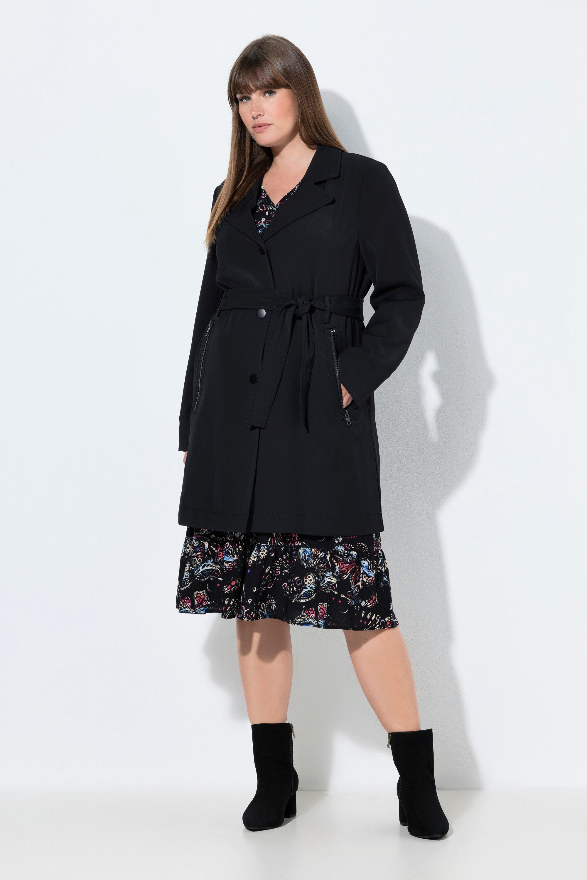 Ulla Popken Outdoorjacke Trenchcoat A-Linie Reverskragen Bindegürtel günstig online kaufen