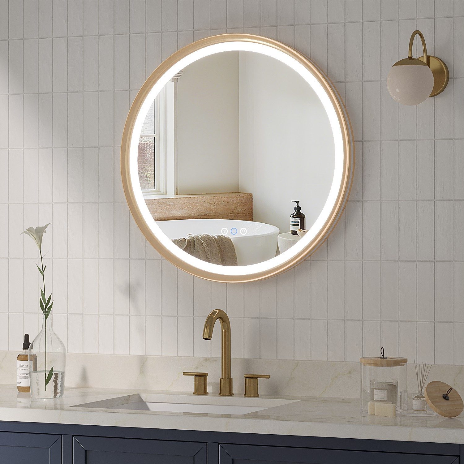 AQUALAVOS Rahmenspiegel-rund Badspiegel mit Beleuchtung Rund 60 cm Aluminiumrahmen Touch Schalter, LED Beleuchtung Dimmbar Kaltweiß & Warmweiß Touchschalter Alu-Rahmen