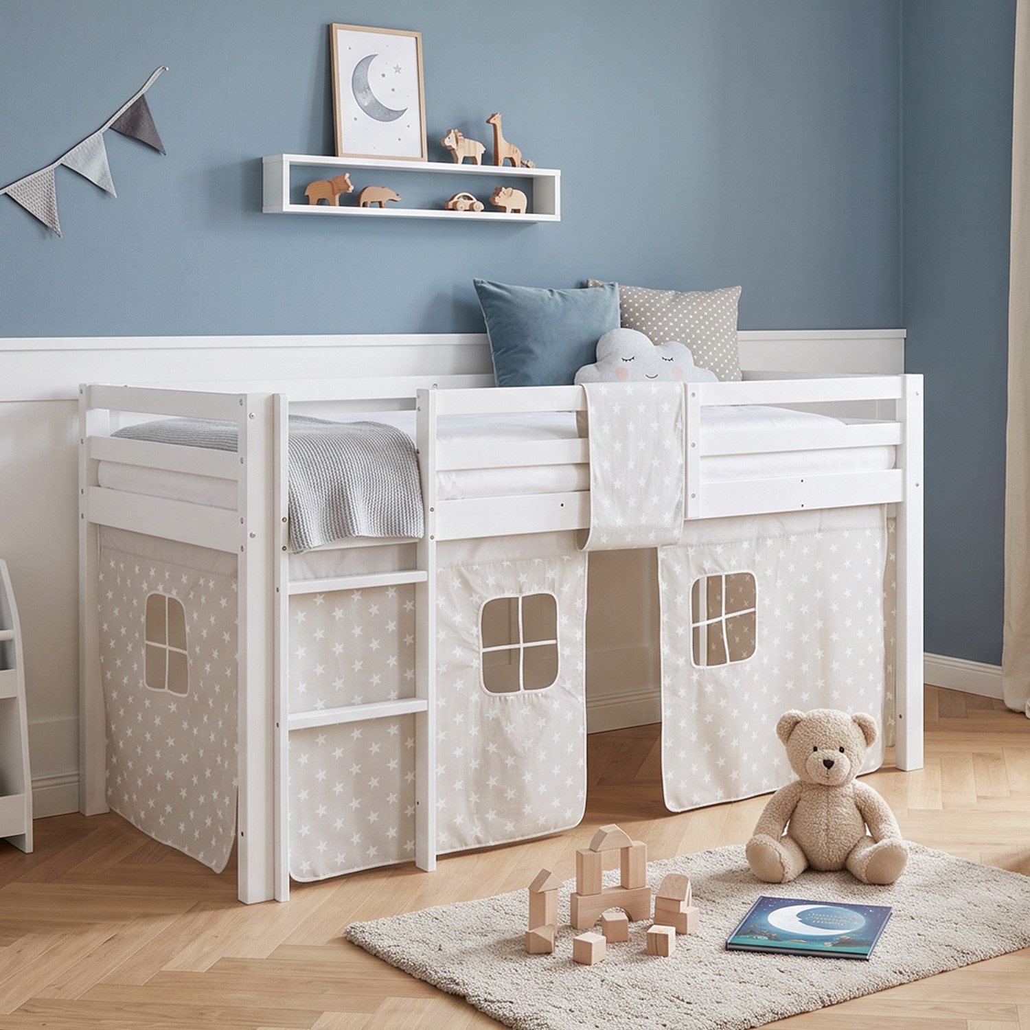 Homestyle4u Hochbett Kinder mit Rutsche 90x200 mit / ohne Matratze Holz Sterne Mädchen (Set, mit Lattenrost, Jungen Mädchen)