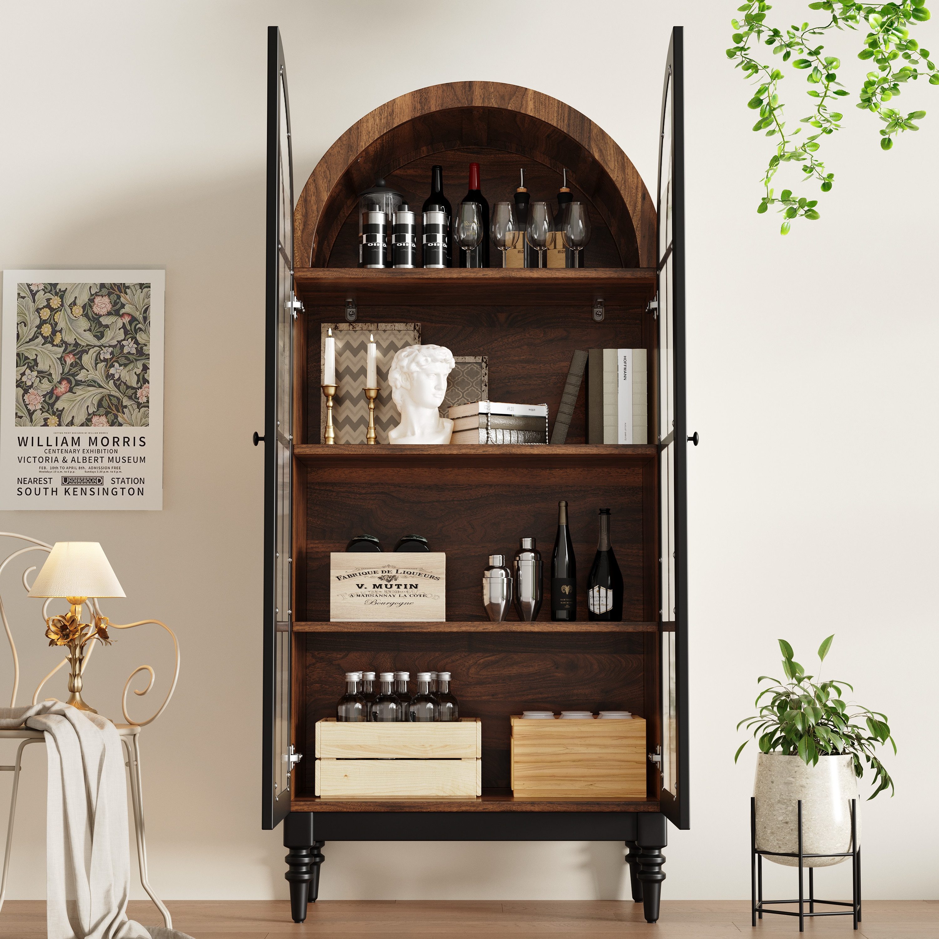 Flieks Hochschrank Bogen-Mehrzweckschrank Glasvitrine mit Glastüren, Retro-Holzfüßen (Aufbewahrungsschrank mit Bogenform für Wohn- und Schlafzimmer, 1-St., B76/T38,5/H165 cm) Vitrine mit 4 Fächern Sideboard Holzoptik, Walnussfarbe & Schwarz