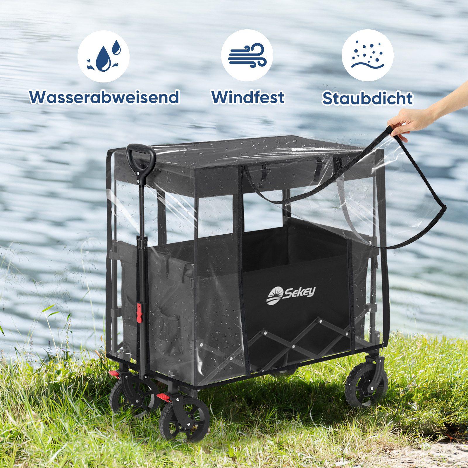 Sekey Bollerwagen Regenschutz Regenschutzhülle für Faltbarer Bollerwagen mit Dach, Hochwertiger Reißverschluss, Hornverschluss, umweltfreundliches EVA – Bild 4 von 5