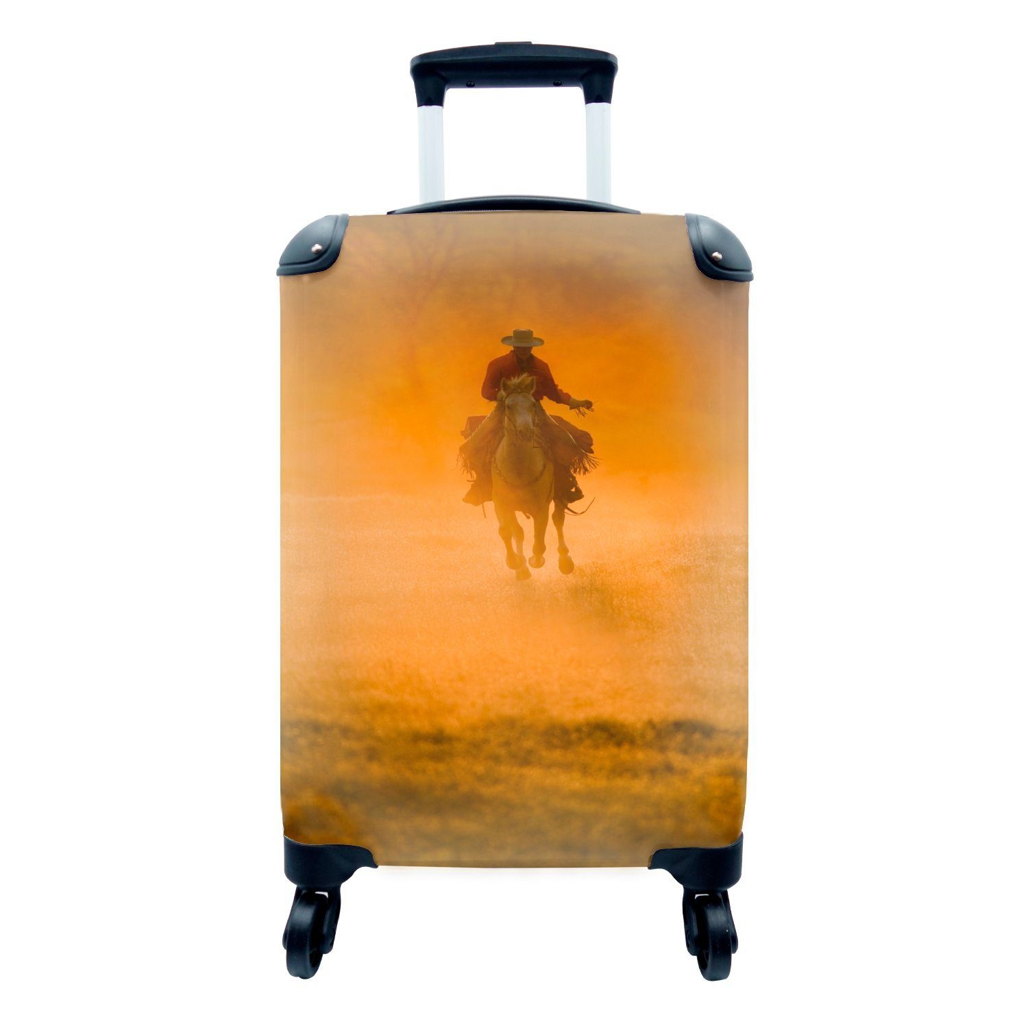 MuchoWow Handgepäckkoffer Ein Cowboy im roten Nebel, 4 Rollen, Reisetasche mit rollen, Handgepäck für Ferien, Trolley, Reisekoffer