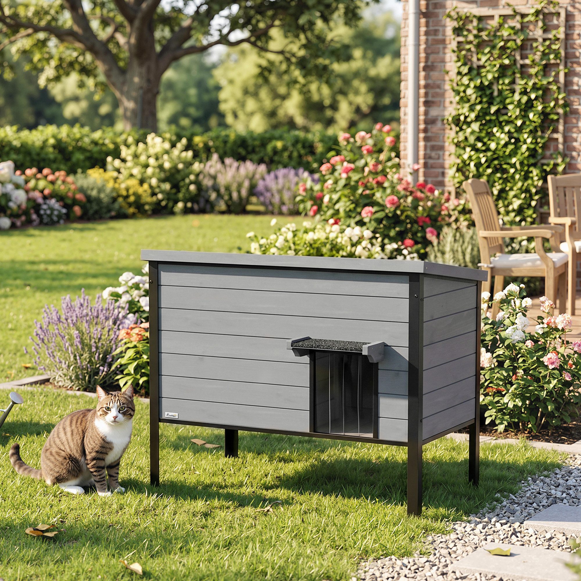 PawHut Tierhöhle Katzenhaus Wetterfeste Katzenhütte aus Holz, für 1-2 Katzen bis 12 kg für drinnen draußen 85x55x70 cm Hellgrau