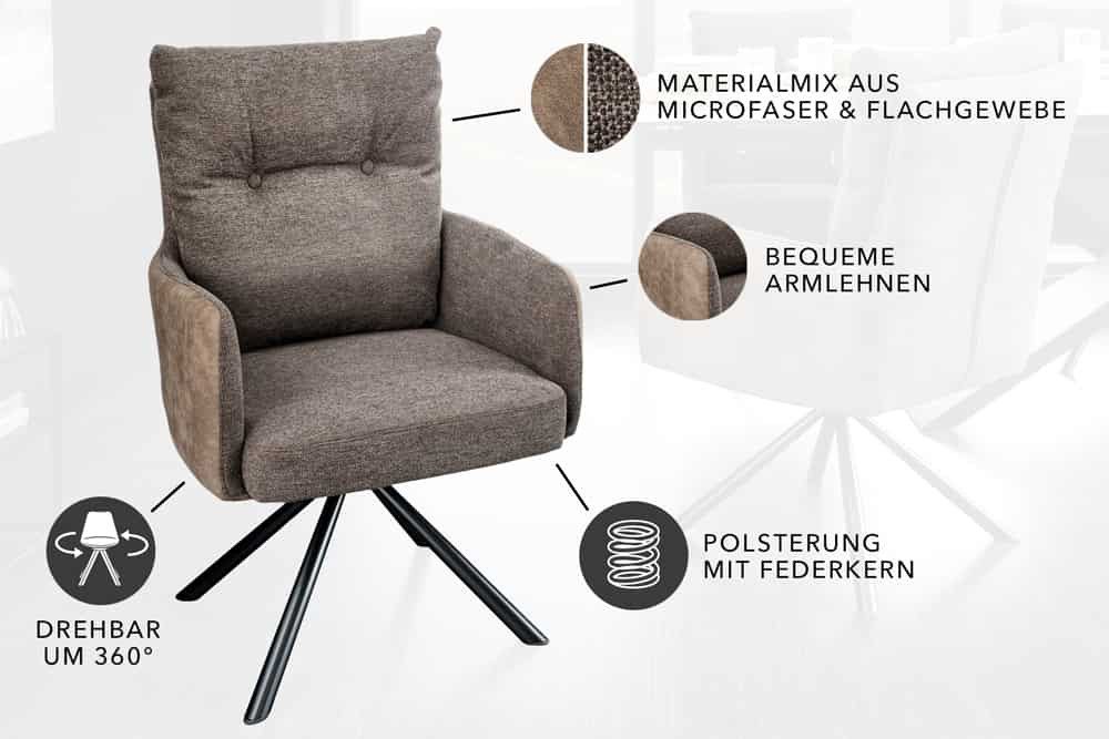 riess-ambiente Polsterstuhl BIG GEORGE taupe/schwarz– Samt & Strukturstoff, mit Federkern (Einzelartikel, 1 St), inkl. Armlehnen, Metall-Füße und 360° drehbar – – Bild 3 von 5