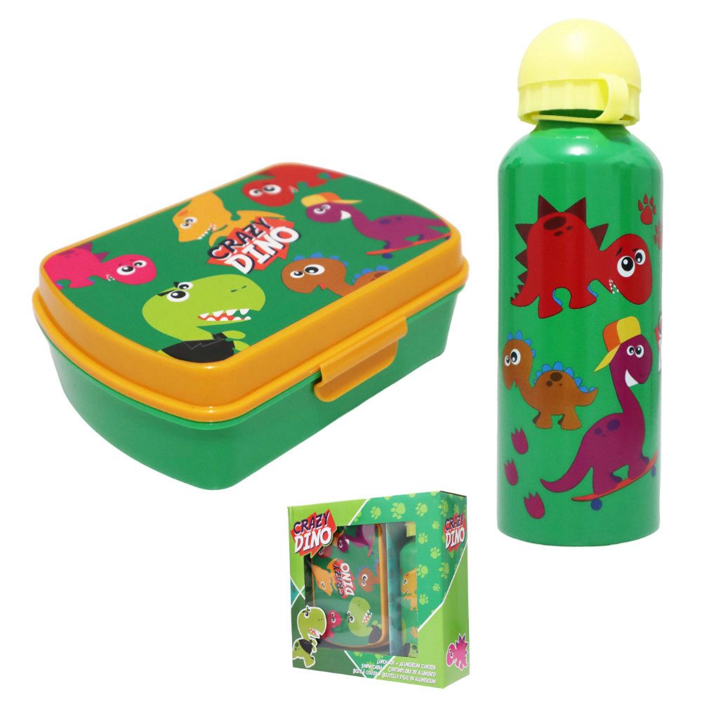 Kids Euroswan Lunchbox Crazy Dino 2 tlg Kinder Lunch Set Brotdose Alu Trinkflasche 500 ml, Kunststoff Alu, (2-tlg)