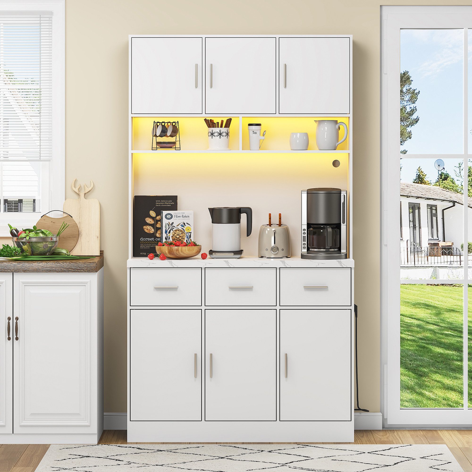 Flieks Küchenbuffet mit LED-Beleuchtung und Steckdosen (1-St., 100x40x180cm) Hochschrank Küchenschrank Geschirrschrank mit verstellbare Ablagen