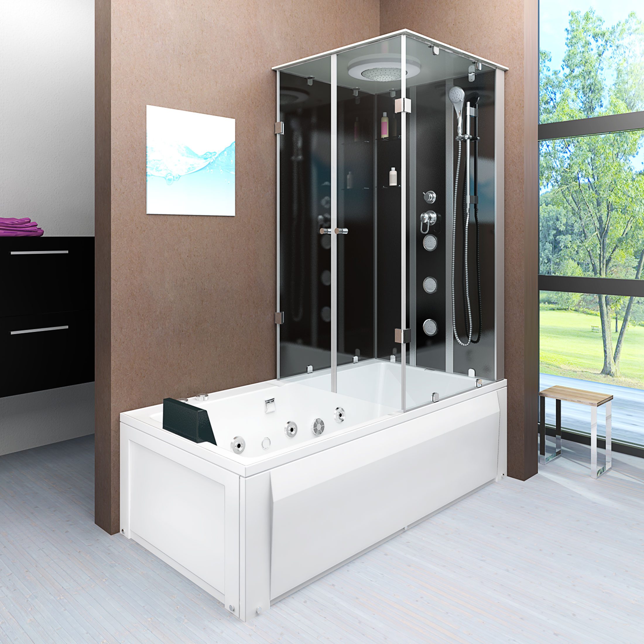 AcquaVapore Grossraumdusche Whirlpool Dusche Kombination K05-L30-WP 180x90 cm, Sicherheitsglas ESG, Integrierte Massagedüsen, Nackenstütze, Whirlpool Jets