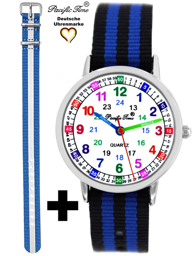 Pacific Time Quarzuhr Set Kinder Armbanduhr Lernuhr Wechselarmband, Mix und Match Design - Gratis Versand schwarz blau gestreift und Reflektor blau