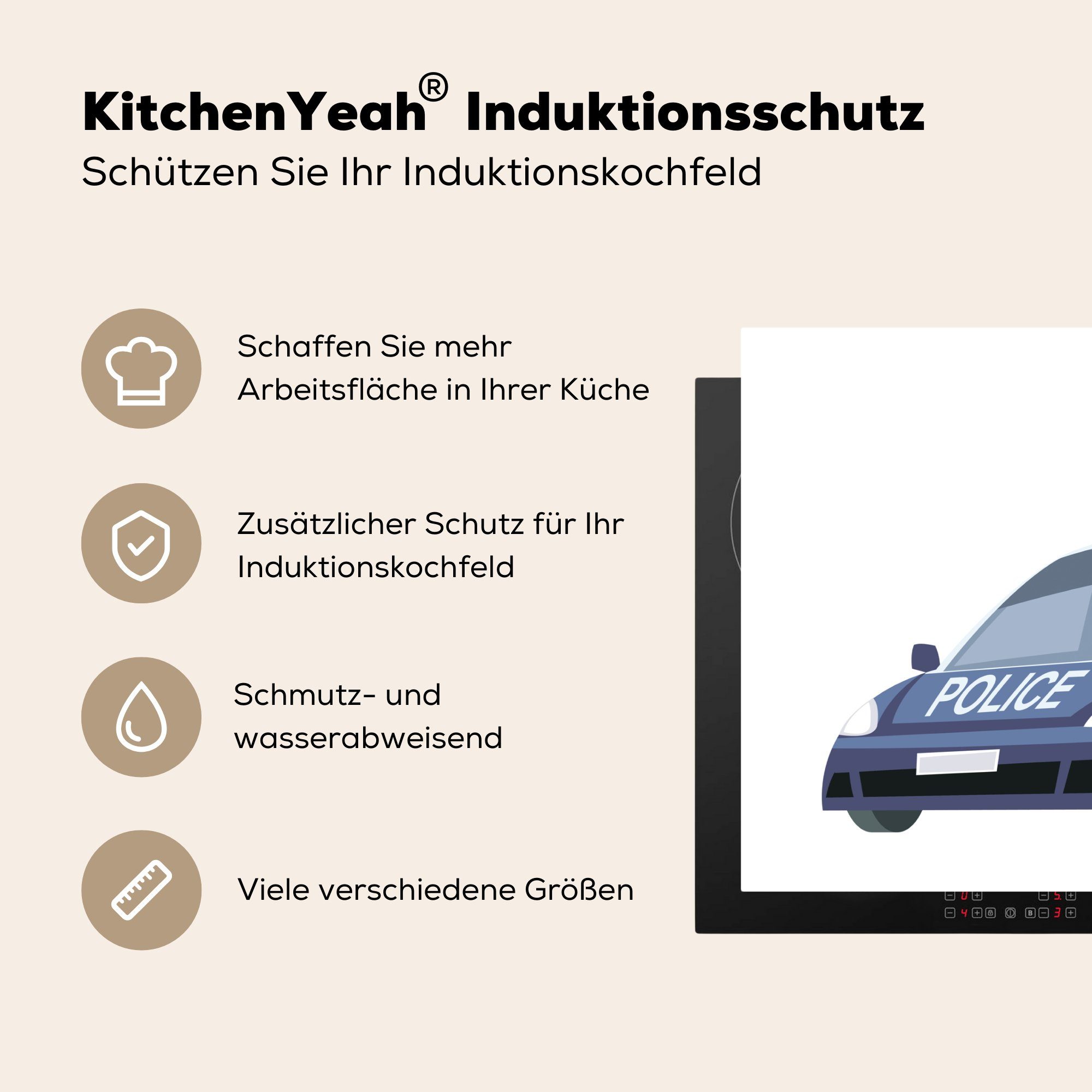 (1 tlg), Arbeitsfläche MuchoWow Mobile Herdblende-/Abdeckplatte 70x52 für Illustration nutzbar, Kinder, cm, eines Vinyl, Ceranfeldabdeckung Polizeiautos