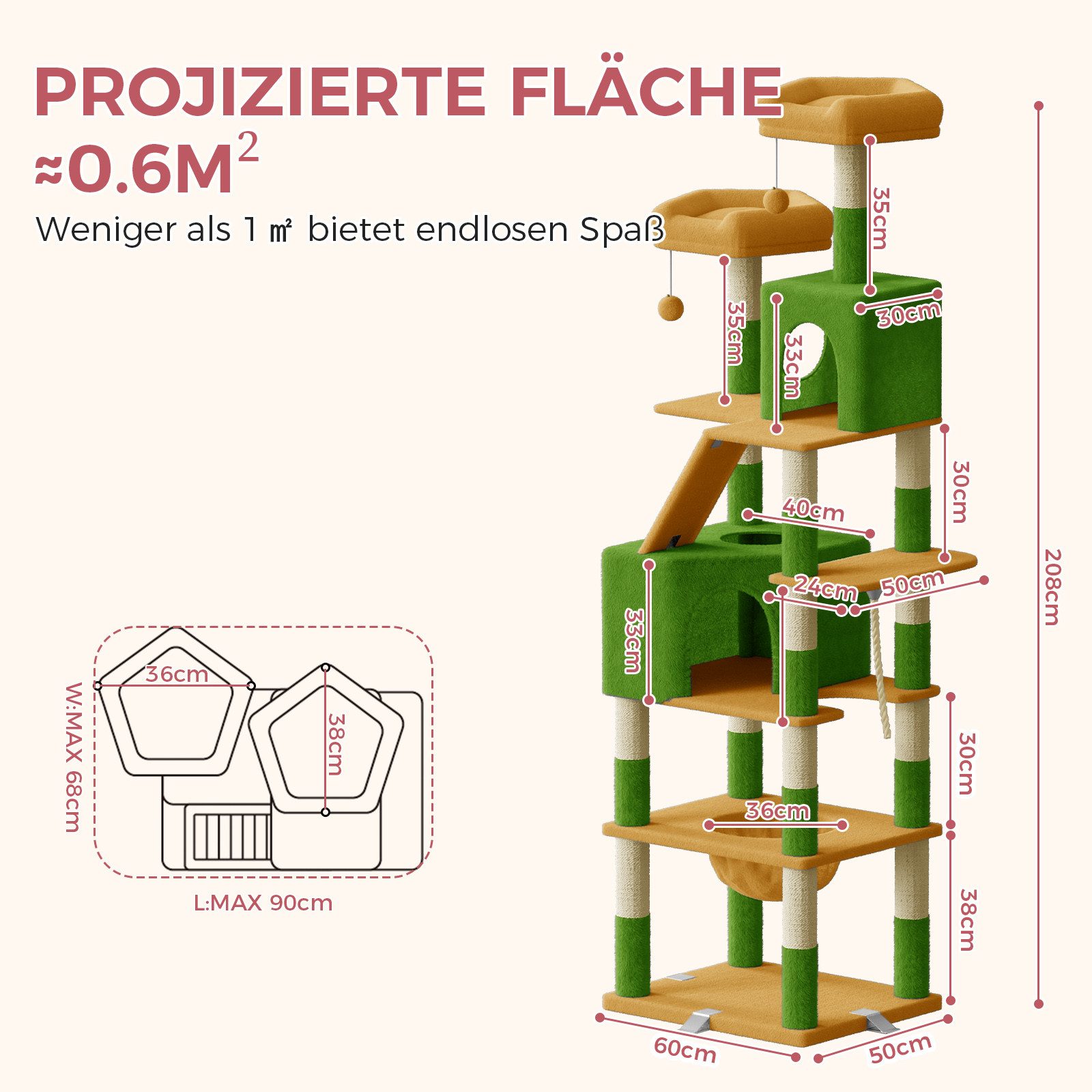 Dogat Kratzbaum Kratzbaum, Katzenbaum für große Katzen, mit Kletterturm 208cm, mehrstöckiger Katzenbaum, 208cm Höhe, XXL, mit Höhlen und Liegemulden
