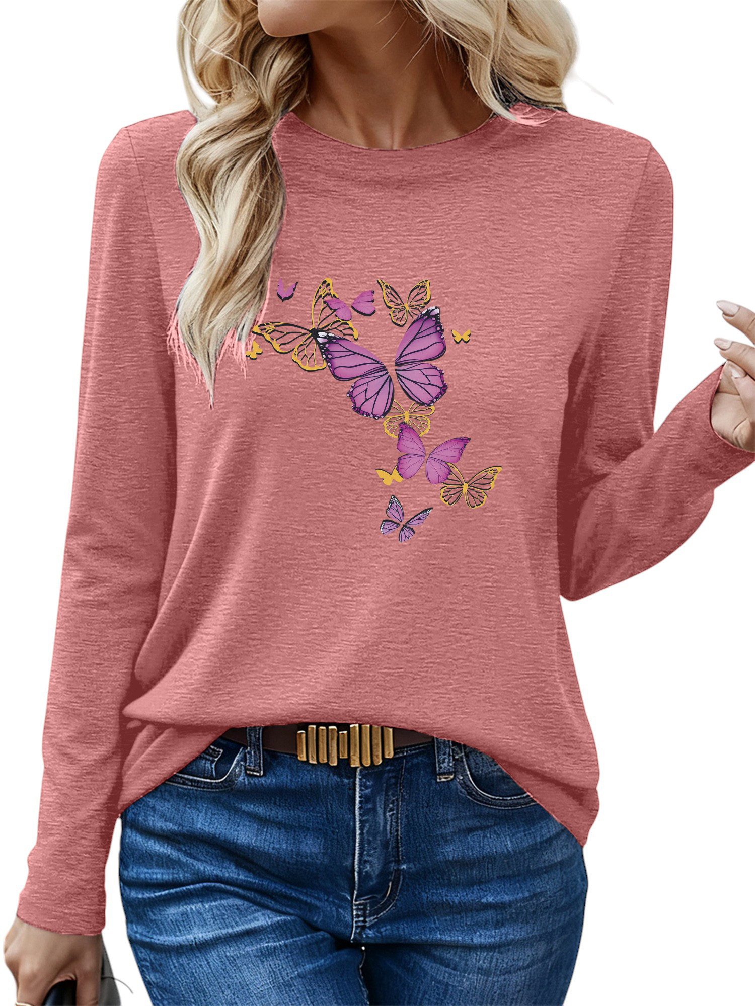 PYLIKE Longsleeve Shirts Damen Casual Schmetterling günstig online kaufen