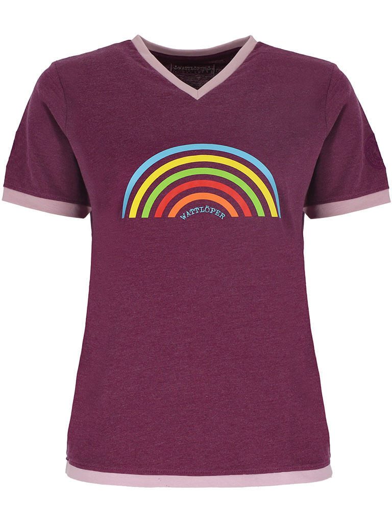 Wattlöper T-Shirt 11367 Damen Kurzarm-Shirt V-Ausschnitt mit Regenbogen-Print Sommershirt & Freizeitshirt mit farblich abgesetzten Details