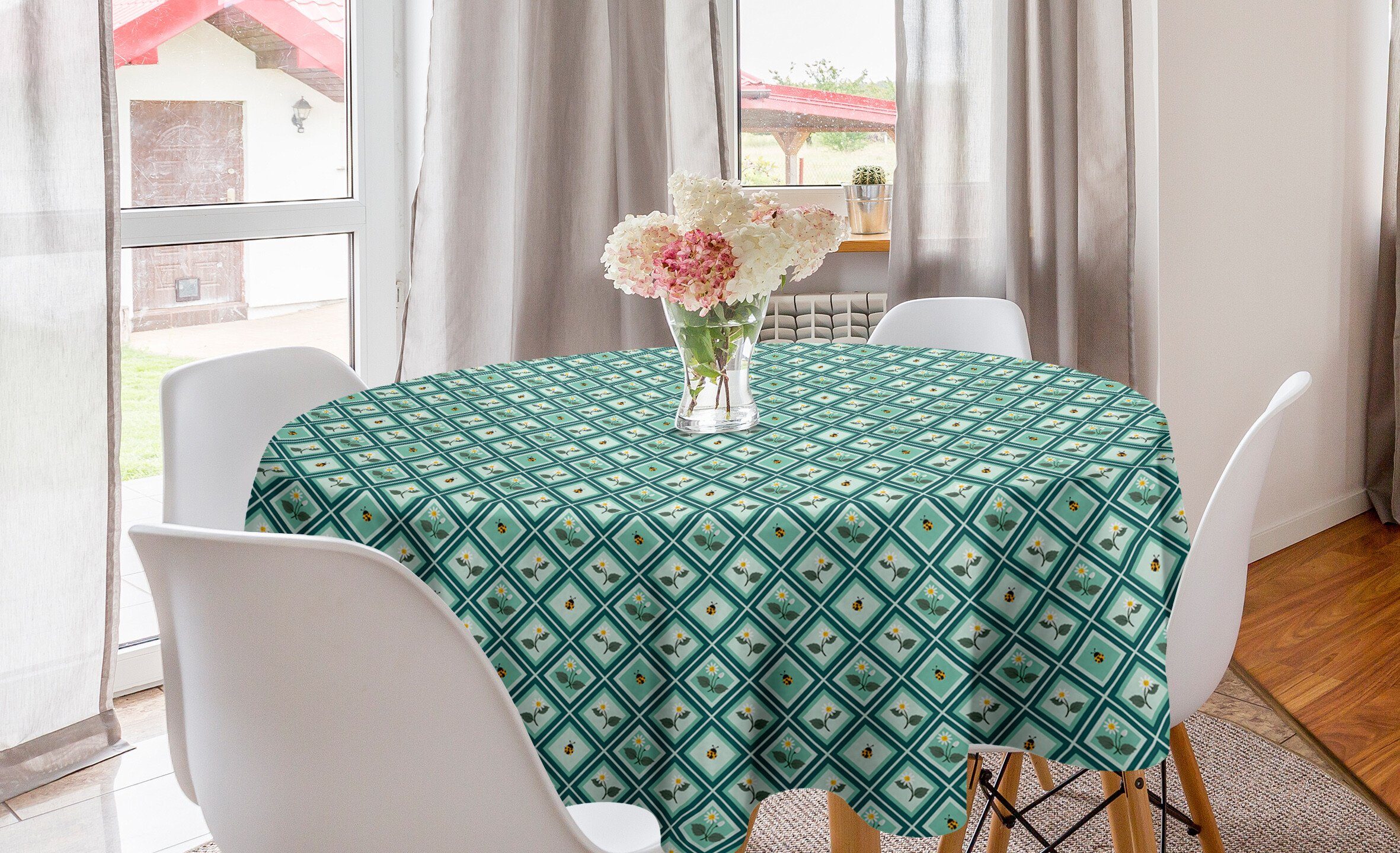 Abakuhaus Tischdecke Kreis Tischdecke Abdeckung für Esszimmer Küche Dekoration, Blumen Insekten Marienkäfer-Gänseblümchen | Tischdecken