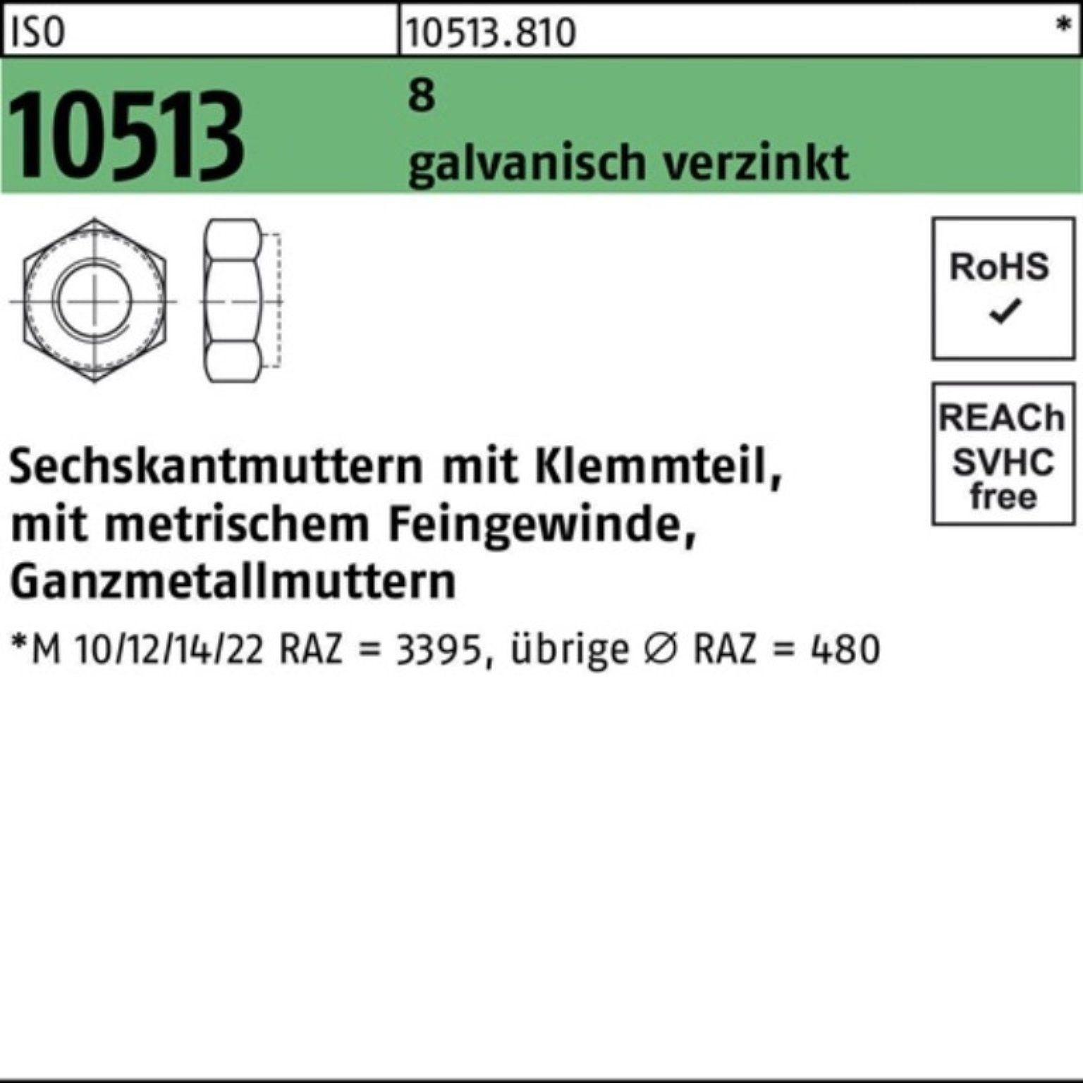 Reyher Muttern 100er Pack Sechskantmutter ISO M10x1 6925 8 galv.v Klemmteil 10513/DIN