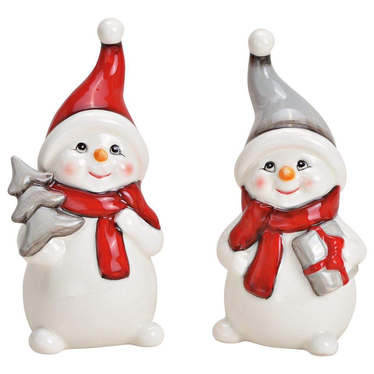 Dekofigur Schneemann Figuren 2er Set Weihnachtsdeko Keramik 7x14 cm