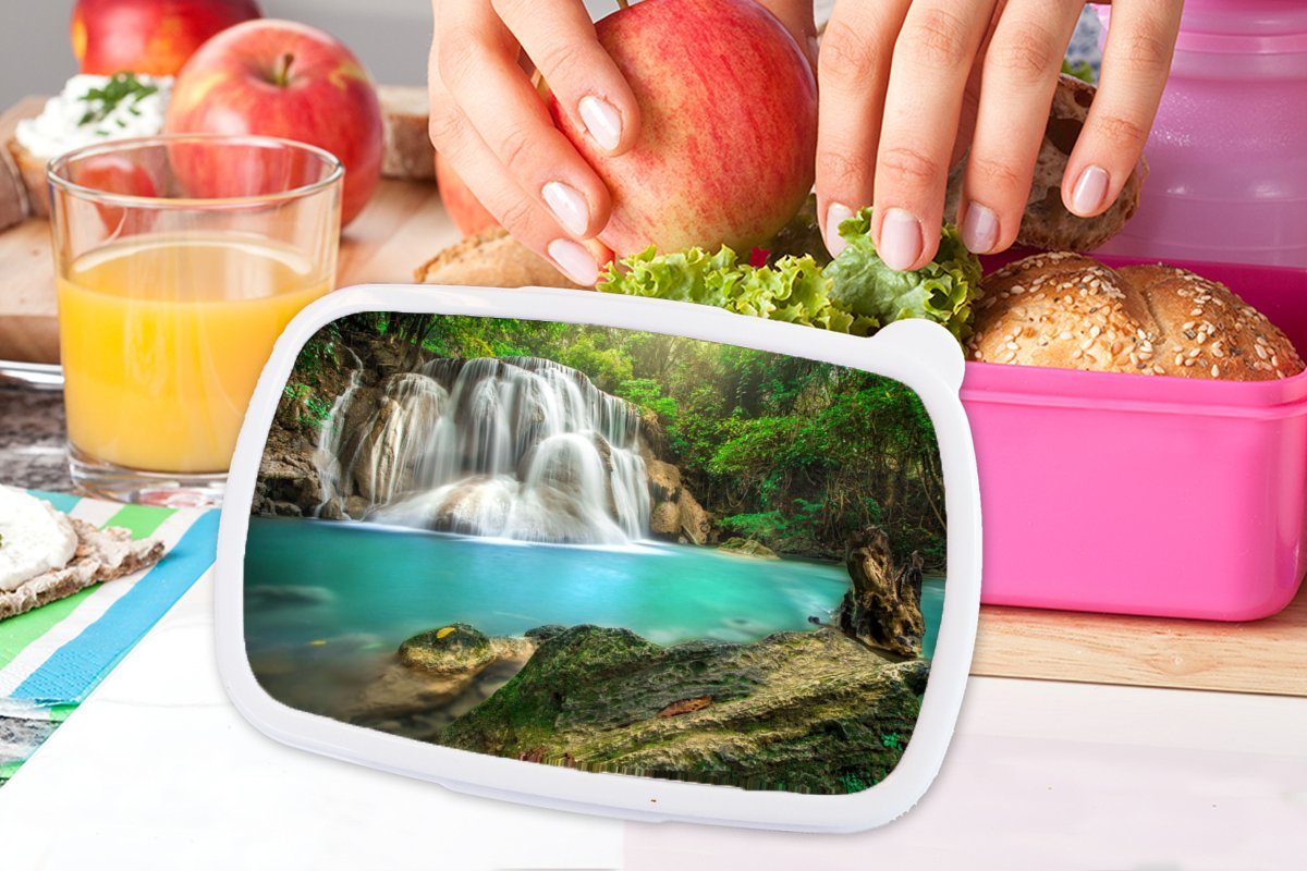 Kunststoff Mädchen, Brotdose (2-tlg), Brotbox Kinder, - Lunchbox Kunststoff, Natur, Snackbox, MuchoWow - Erwachsene, für Wald rosa Wasserfall