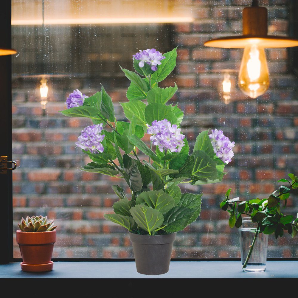 Kunstblume Künstliche Hortensie Hydrangeaceae Kunstpflanze Lila Violett Topf 60cm Hortensie, Decovego, Höhe 60 cm