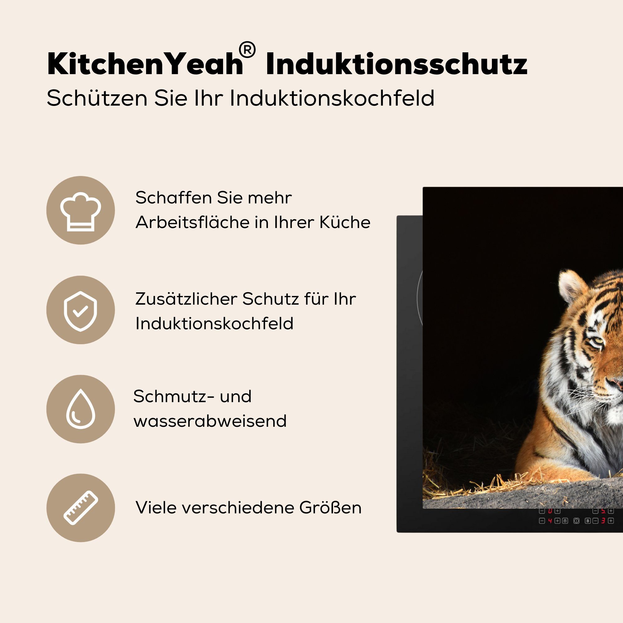 MuchoWow Herdblende-/Abdeckplatte Tiger - Stroh Ceranfeldabdeckung - cm, Schatten, Vinyl, küche, die (1 für Induktionskochfeld Schutz tlg), 81x52