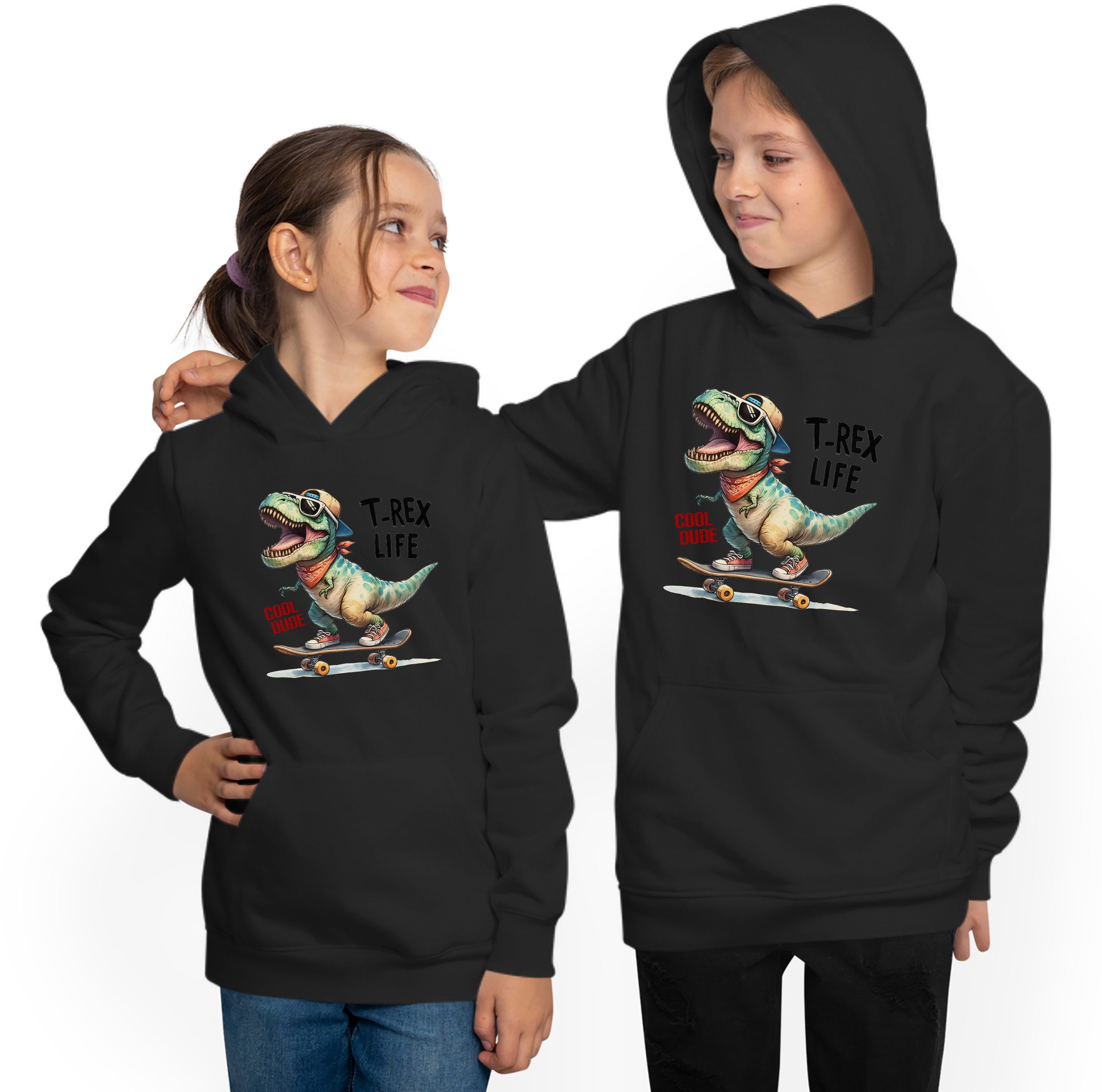 MyDesign24 Hoodie Kinder Kapuzensweatshirt Skater Kapuzen Pulli - Skateboarder Dino Kapuzen Pullover mit Aufdruck i532