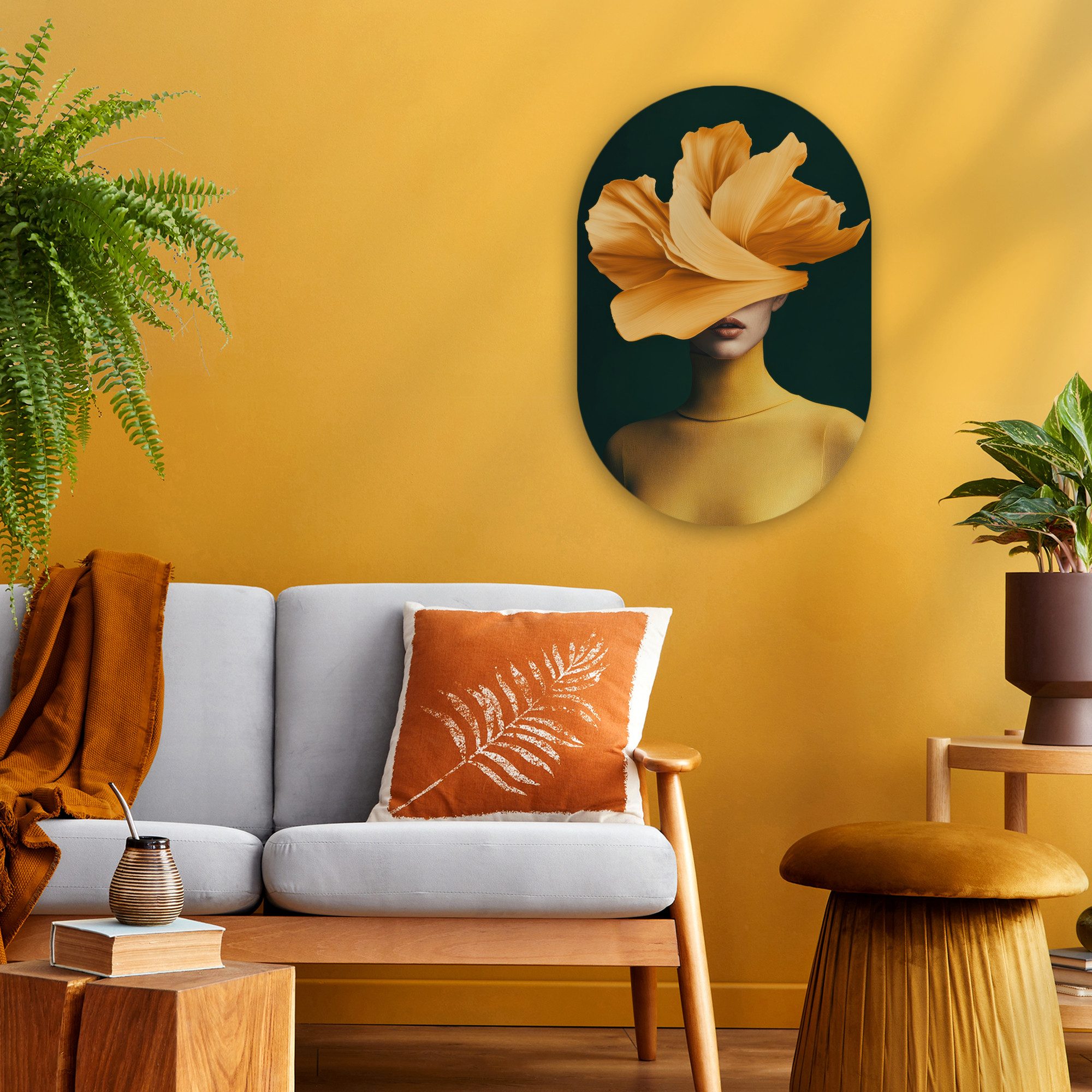 MuchoWow Gemälde Frau - Hut - Gelb, Fotodruck (1 St), Wandbild Oval, Wohnzimmer oder Schlafzimmer Wanddekoration, 40x60 cm