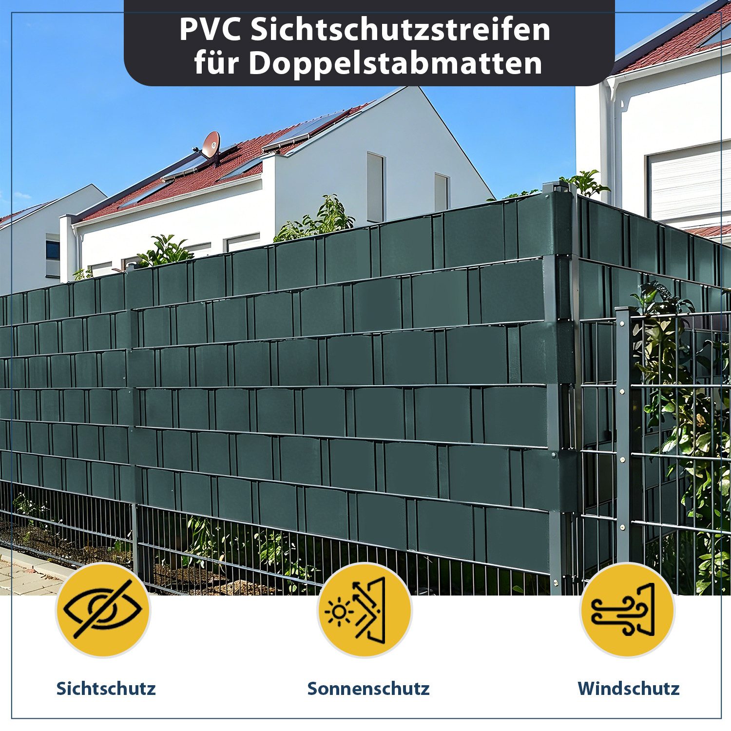 Sekey Sichtschutzstreifen PVC Sichtschutzstreifen blickdicht Sichtschutz Rolle 35/50m x 19cm, Nur 0,6 € pro Meter für Doppelstabmatten Zaun, inkl. Clips