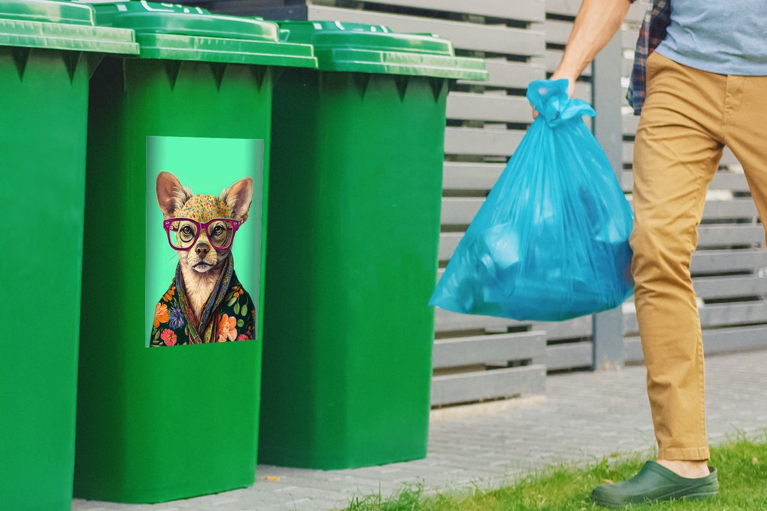 Abfalbehälter Tier - Hund Mülltonne, St), Wandsticker - - Mülleimer-aufkleber, MuchoWow Brille Chihuahua Blumen - Container, Sticker, (1