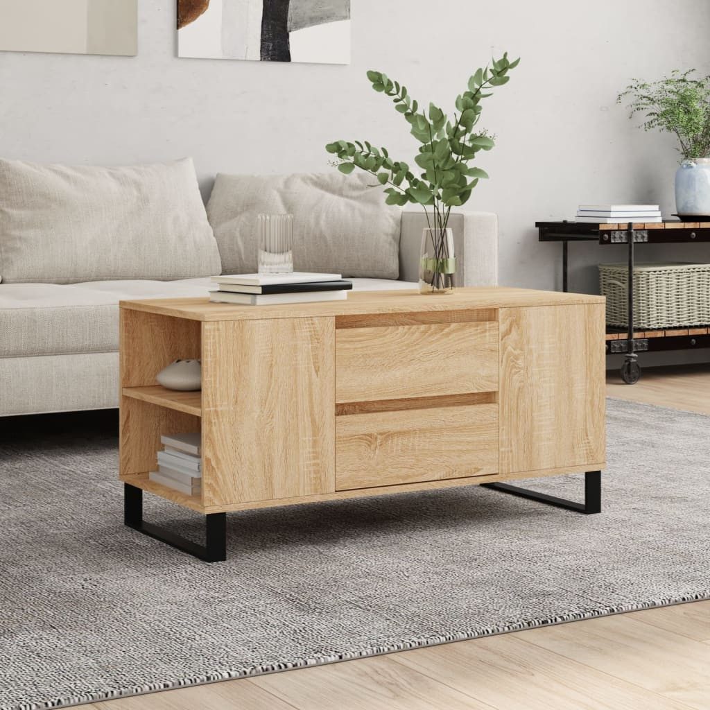 furnicato Couchtisch Sonoma-Eiche 102 x 44,5 x 50 cm aus Holzwerkstoff und (1-St), Sofatisch mit zwei Schubladen, vier offenen Fächern für Wohnzimmer