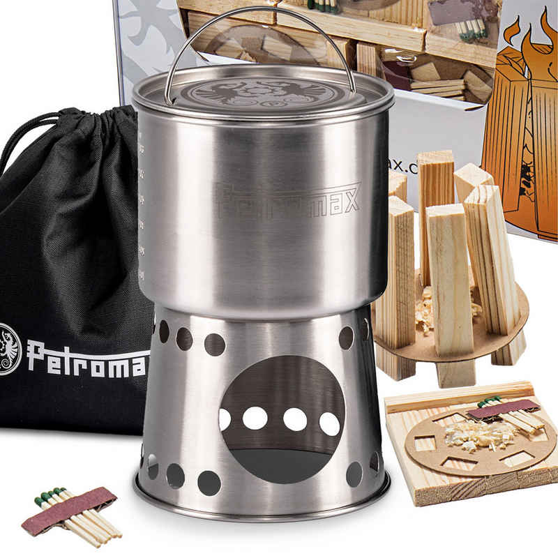 Petromax Feuerstelle Kochbecher 750ml, Edelstahl Camping Wasser oder Suppe Kochen, (Spar-Set, 5-St., Neuheit 2024), 1 x Feuerkit + Transportbeutel inkusive